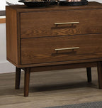 Walnut Color 3pc Bedroom Set Eastern King Size Bed 2x Nightstands Beige Upholstered Fabric Panel HB Mid-Century Modern Style - Grand Goldman Shop