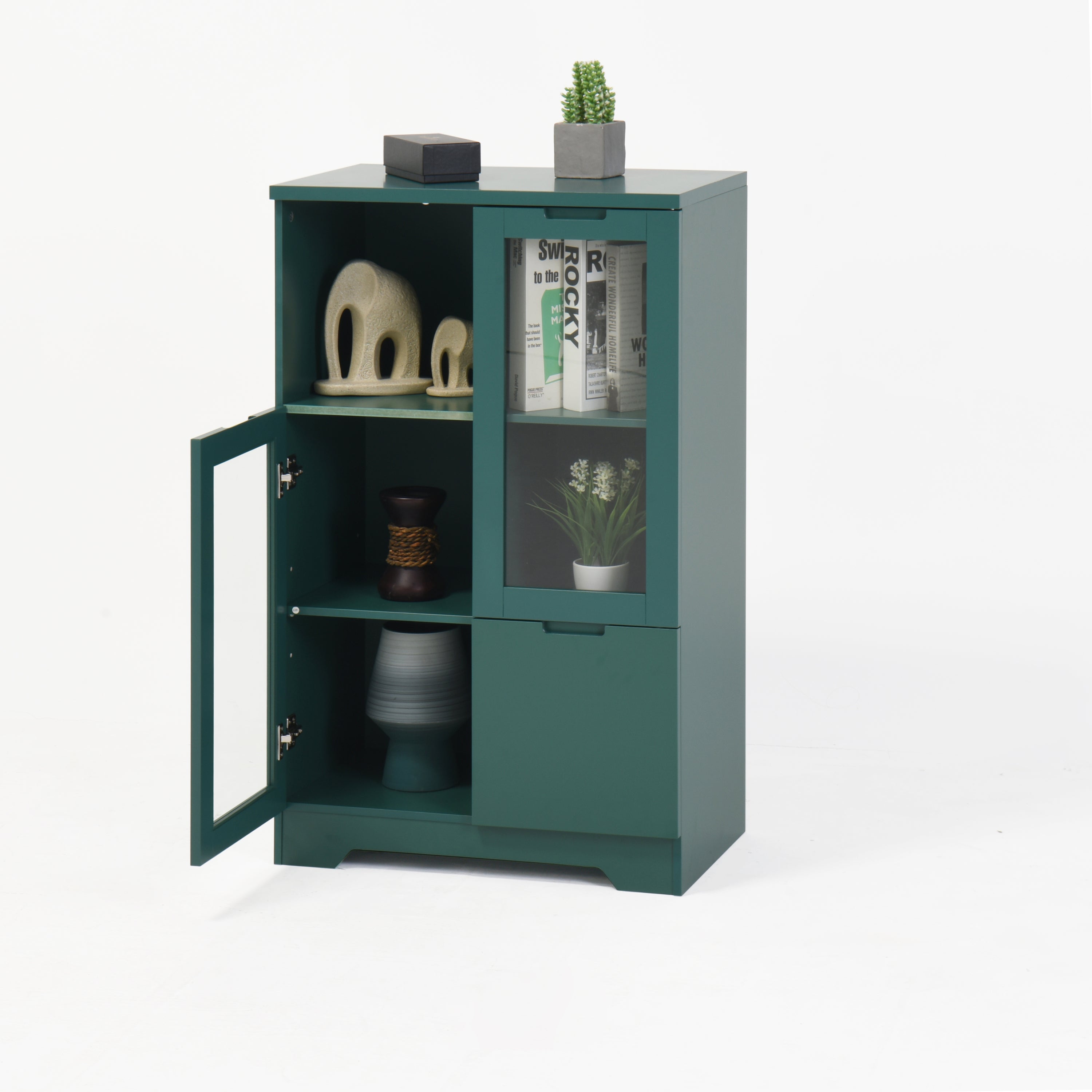 Modern MDF Painted Cabinet with Glass Doors and Drawer, Green, Bedroom Living Room Storage - Grand Goldman Shop