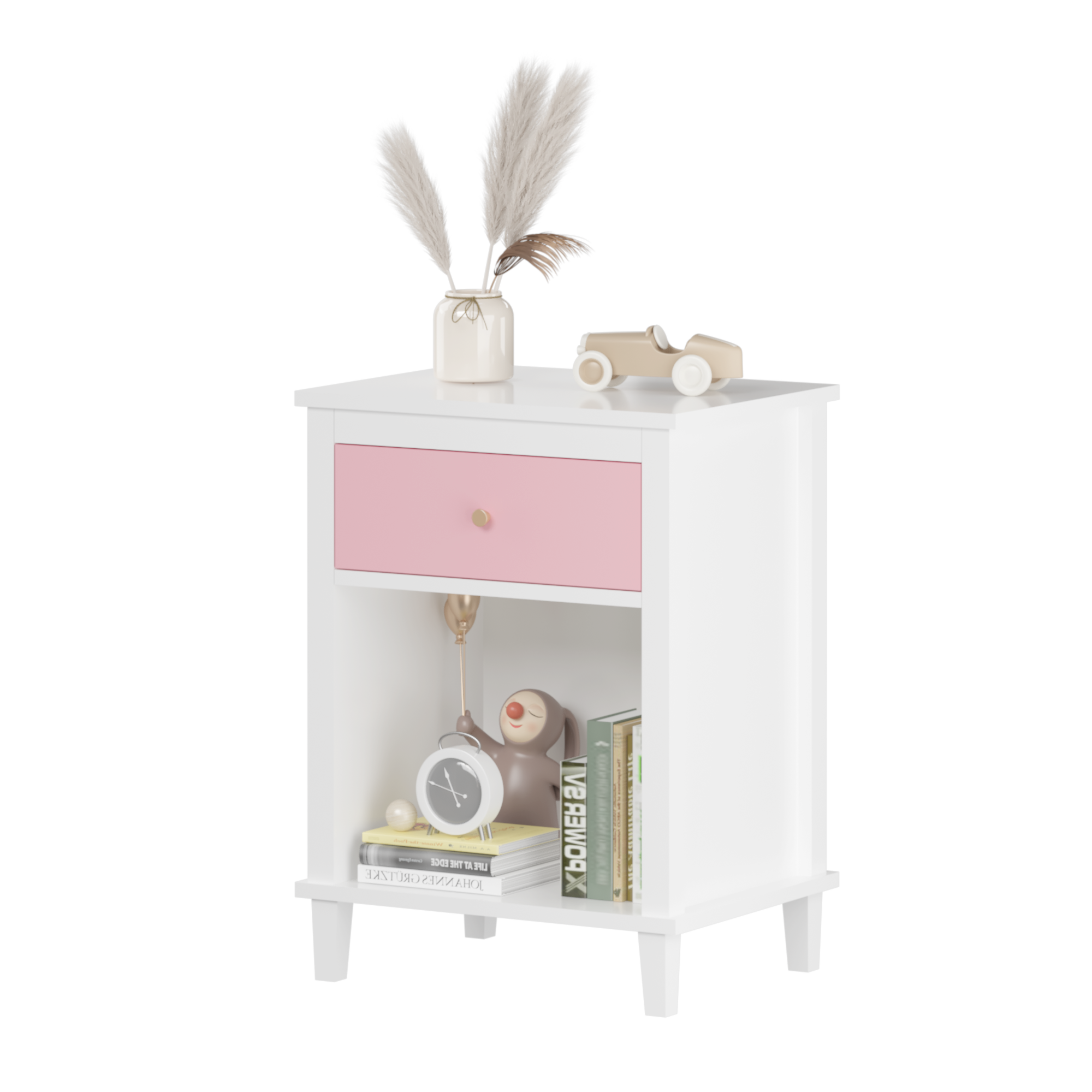 Pink+Golden Handle Wooden Nightstand 26.77''H with One Drawer One Shelf for Kids and Adults - Grand Goldman Shop