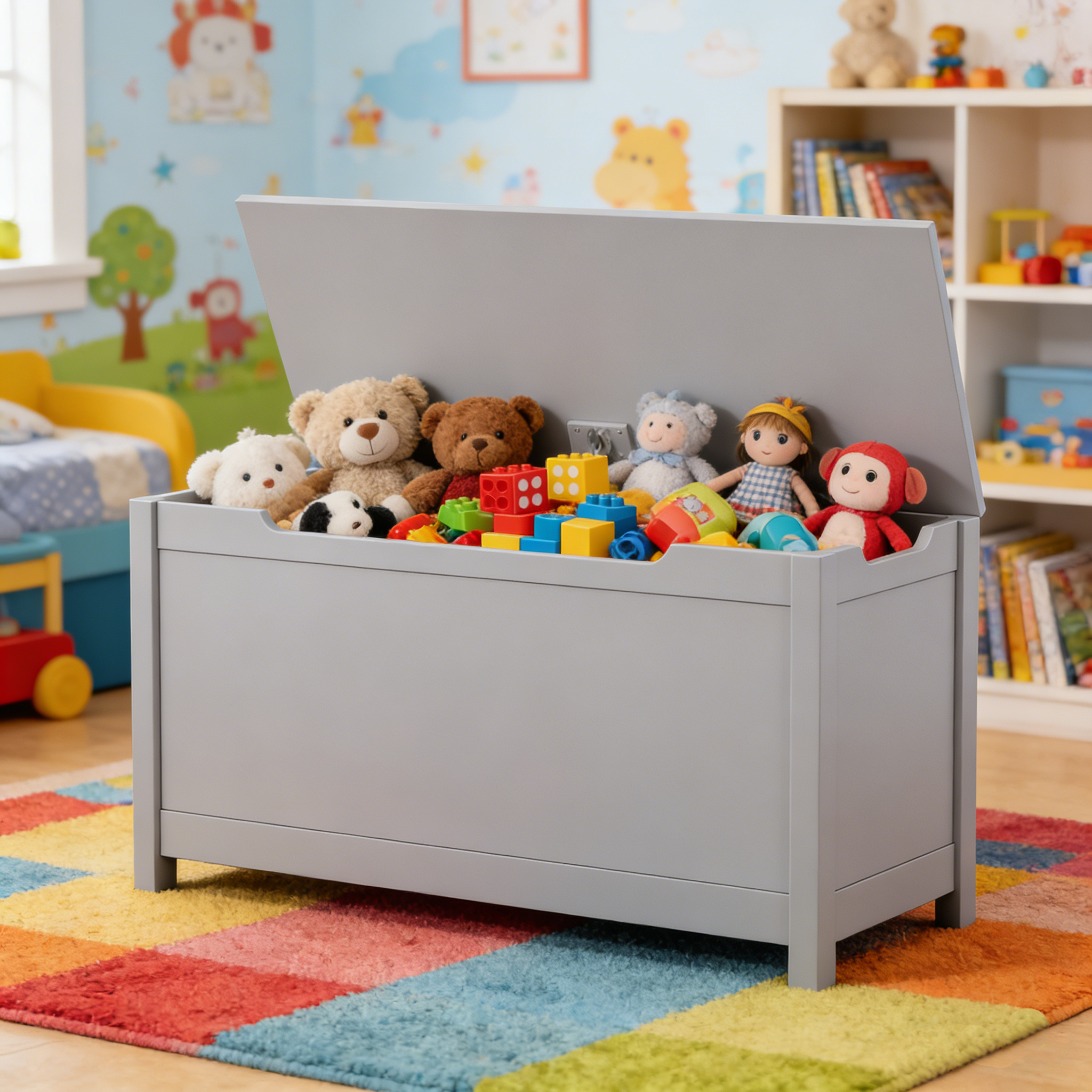Kids Wooden Toy Box Storage with Safety Hinged Lid for Ages 2+ (Gray) | Premium Home Decor - Grand Goldman