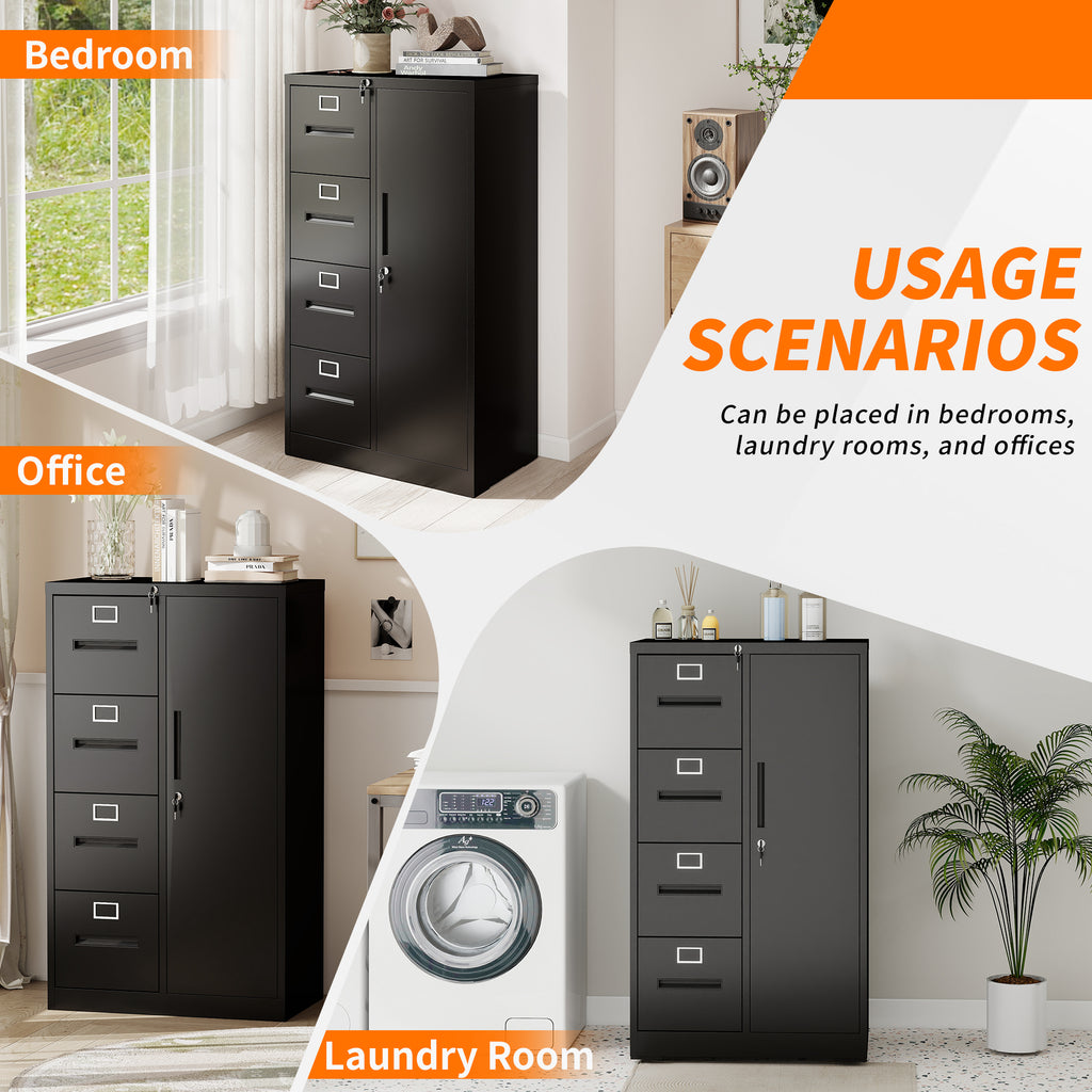 Metal Storage Vertical Filing Cabinet with Lock, Steel File Locker with 4 Drawers and 1 door for School, Living Room, Bedroom