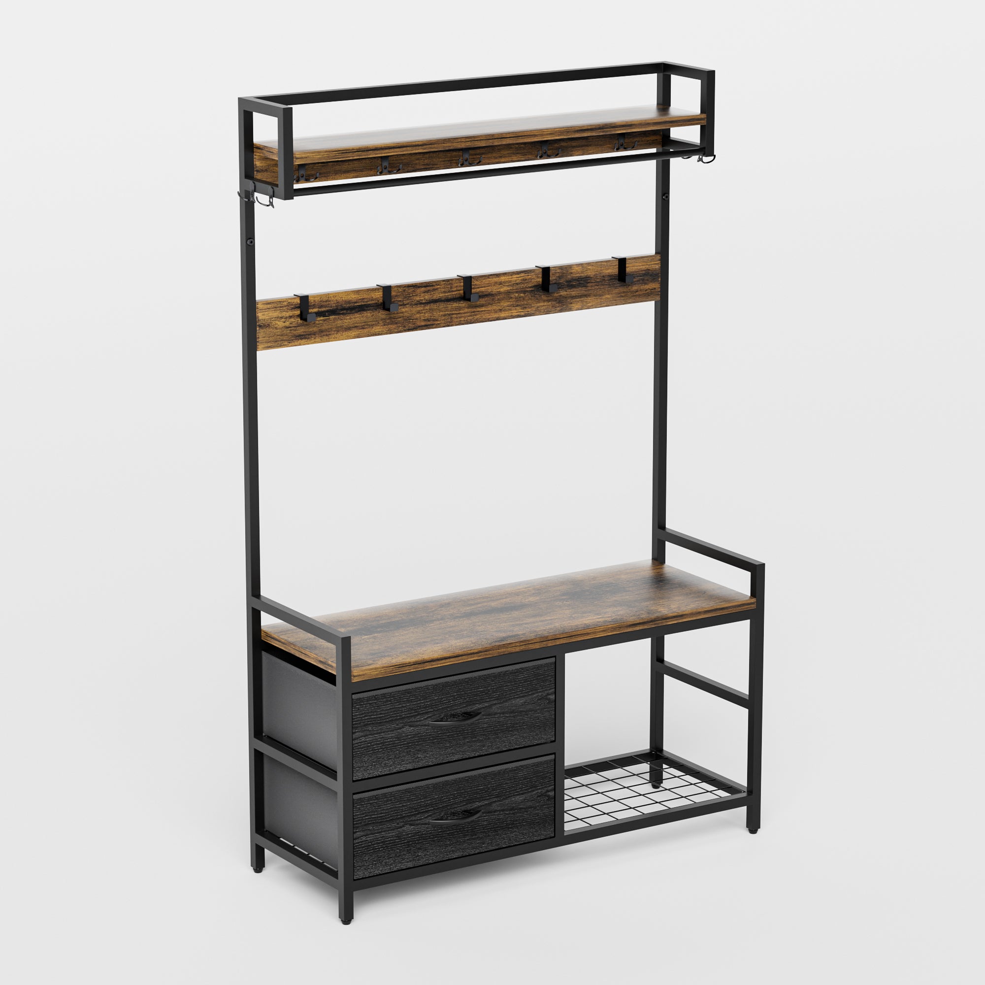 Rustic Brown 33.1' Wide Hall Tree with 2 Movable Drawers, Shoe Storage, Shelves, Garment Racks, and 23 Hooks for Entryway or Corner - Grand Goldman Shop