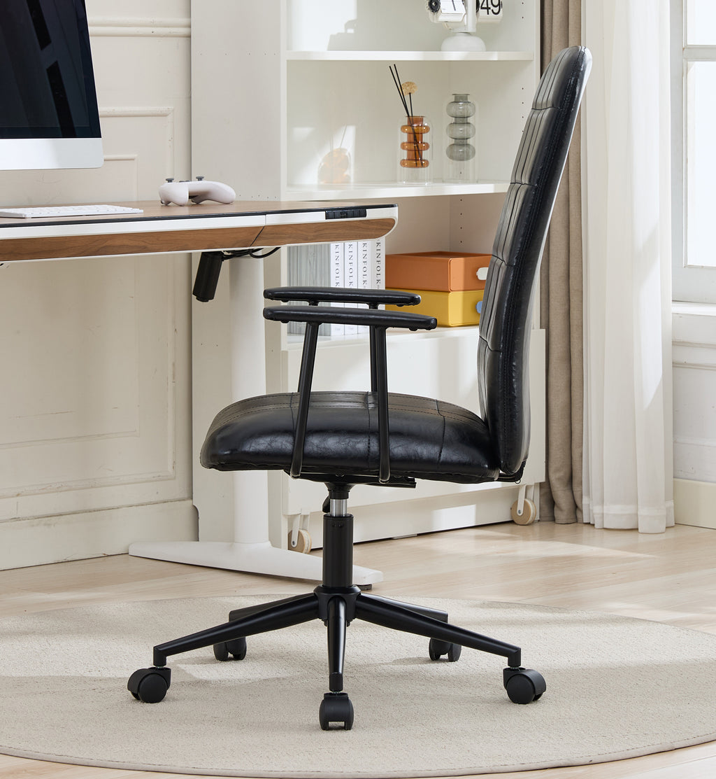 Antique black PU leather color office chair, with armrest, high backrest, soft foam seating, 360 degree swivel , up and down 