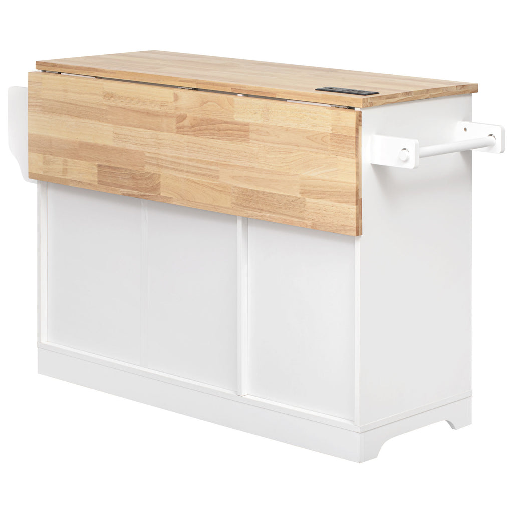 K&K 59.3' Kitchen Island with Storage 2 Pull Out Cabinet Organizers & Rubber Wood Drop Leaf, Rolling Kitchen Island with Trash Can Storage, Power Outlet, Spice & Towel Rack for Kitchen, Dining, White - Grand Goldman Shop
