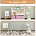 Kids Bookcase and Bookshelf with 3 Collapsible Fabric Drawers, Multifunctional White/Pink Display Stand for Bedroom, Playroom