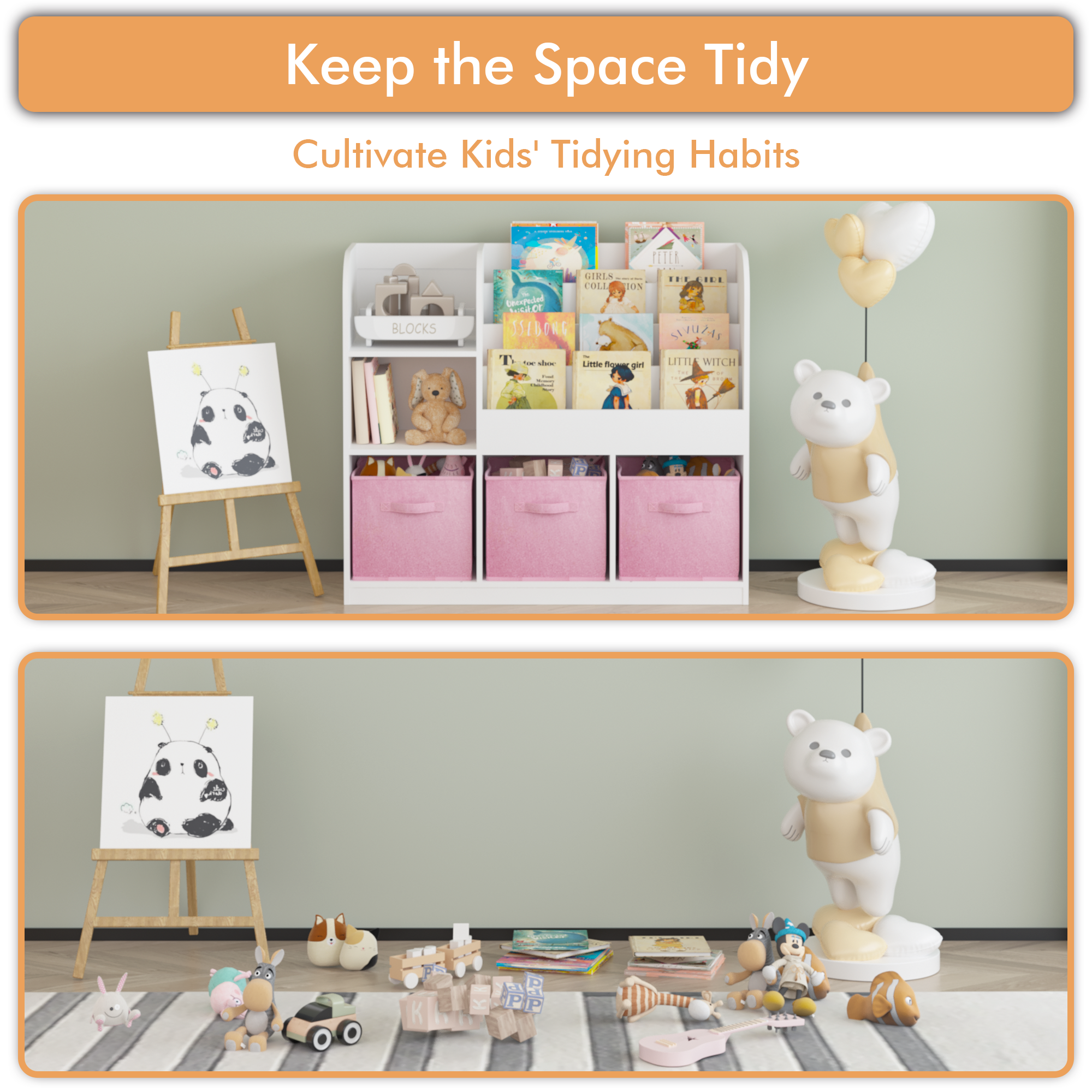 Kids Bookcase and Bookshelf with 3 Collapsible Fabric Drawers, Multifunctional White/Pink Display Stand for Bedroom, Playroom