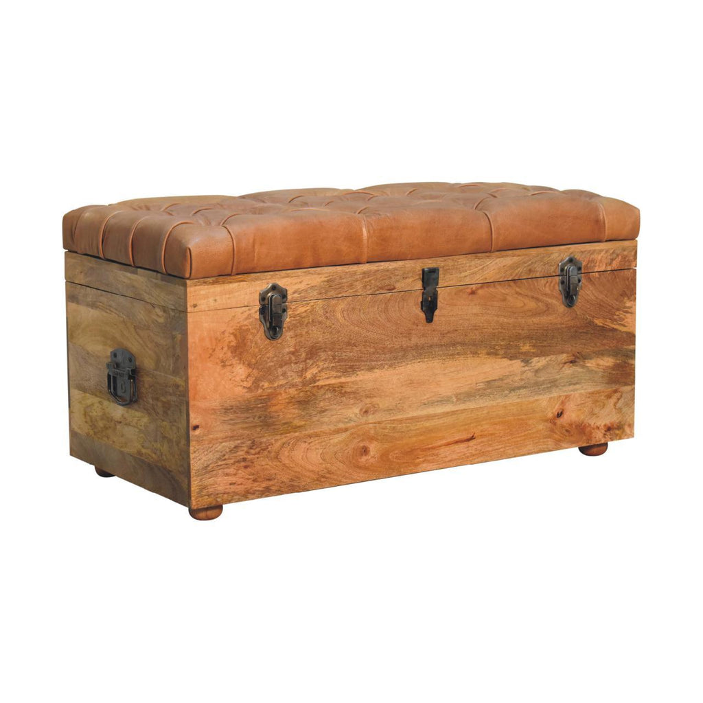 Solid Wood Buffalo Hide Oak-ish Storage Trunk, Leather Upholstered, Brown and Tan - Grand Goldman Shop