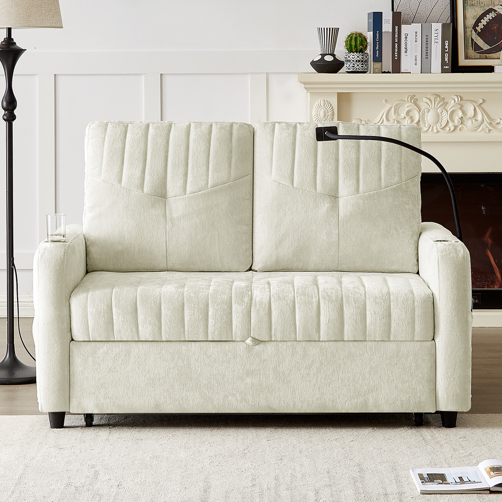 Modern 53.9' Loveseat Pull-out Sofa Bed with Adjustable Backrest, Cup Holders, Charging Ports & Side Storage in Beige Chenille - Grand Goldman Shop