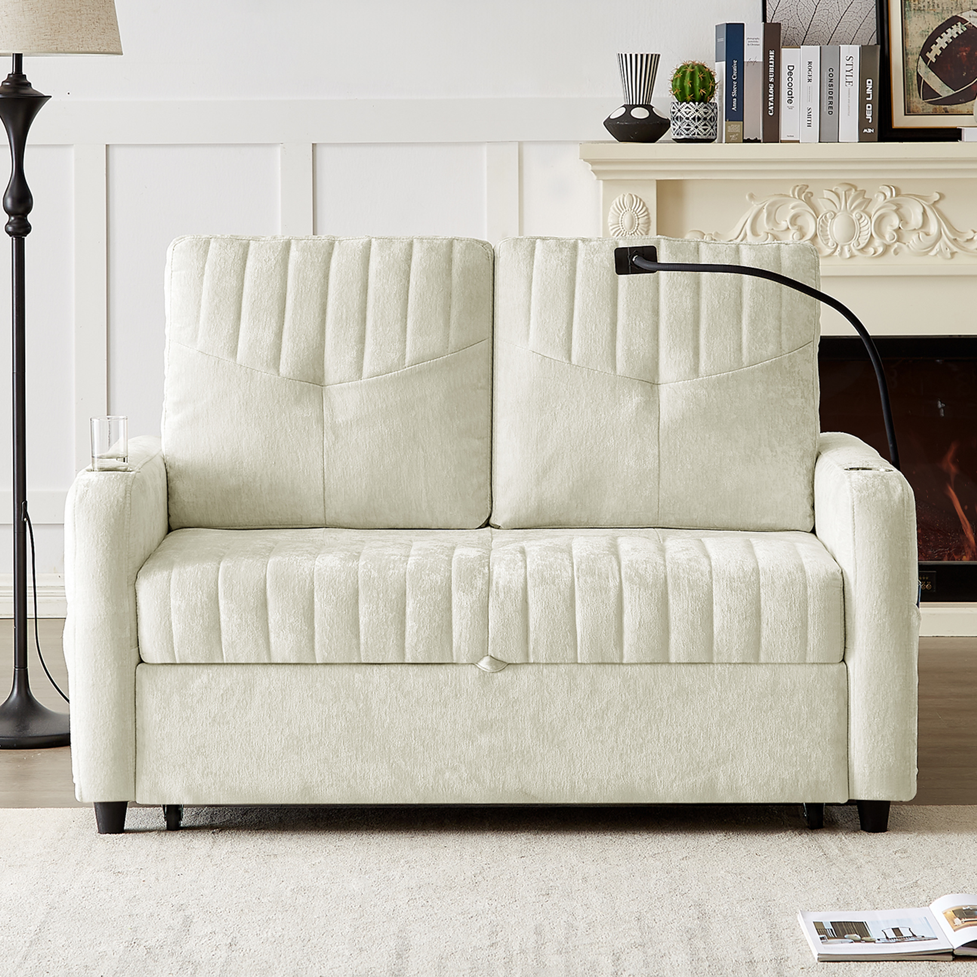 Modern 53.9' Loveseat Pull-out Sofa Bed with Adjustable Backrest, Cup Holders, Charging Ports & Side Storage in Beige Chenille - Grand Goldman Shop