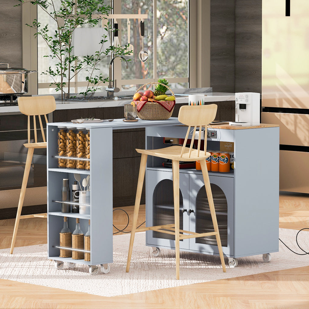K&K Rolling Kitchen Island With Extended Table, Kitchen Island on Wheels with LED Lights,Power Outlets and 2 Fluted Glass Doors, Kitchen Island with a Storage Compartment and Side 3 Open Shelves, Grey - Grand Goldman Shop