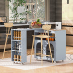 K&K Rolling Kitchen Island With Extended Table, Kitchen Island on Wheels with LED Lights,Power Outlets and 2 Fluted Glass Doors, Kitchen Island with a Storage Compartment and Side 3 Open Shelves, Grey - Grand Goldman Shop