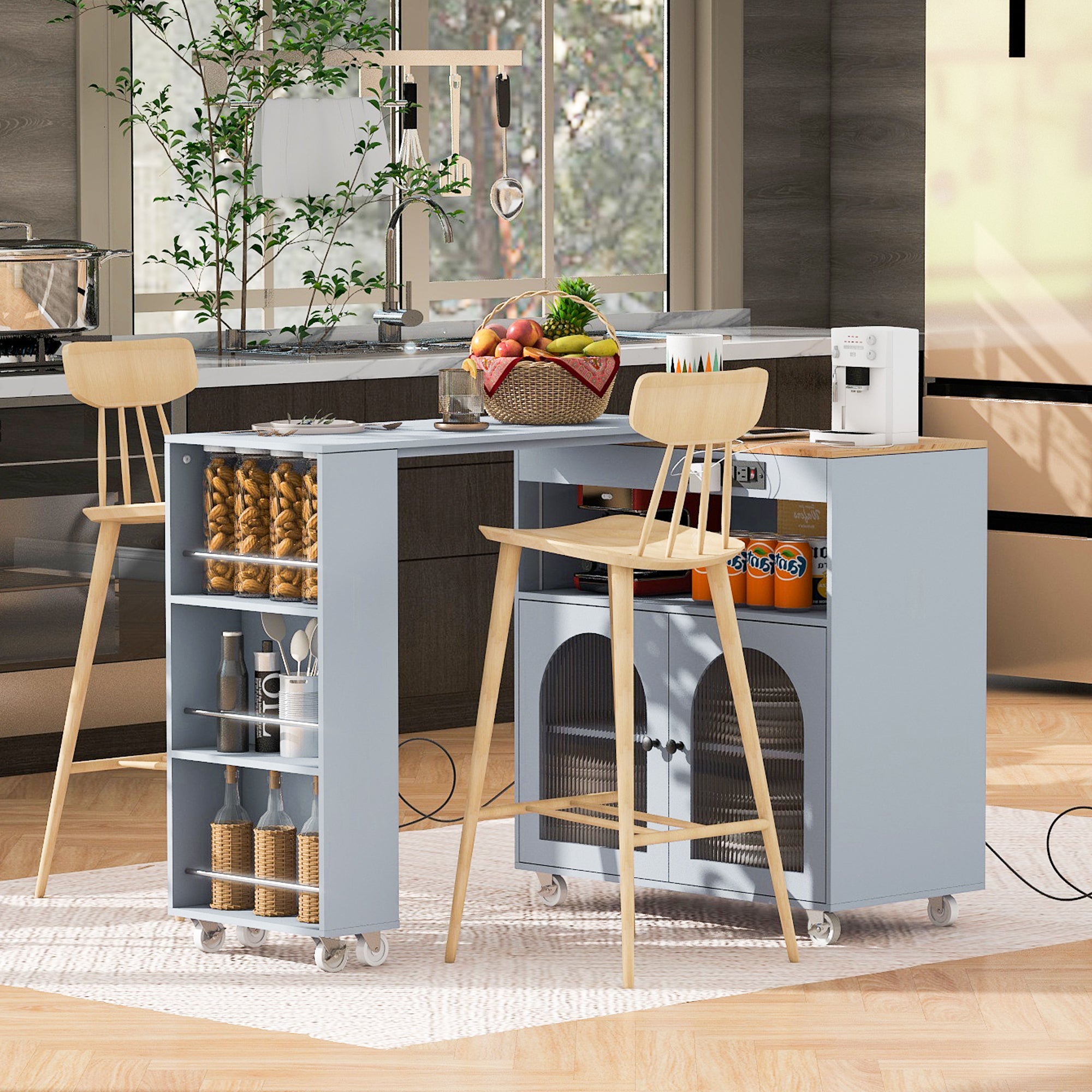 K&K Rolling Kitchen Island With Extended Table, Kitchen Island on Wheels with LED Lights,Power Outlets and 2 Fluted Glass Doors, Kitchen Island with a Storage Compartment and Side 3 Open Shelves, Grey - Grand Goldman Shop