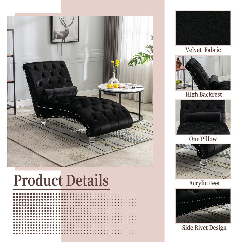 Velvet Chaise Lounge Indoor, Button-Tufted Upholstered Chair with Pillow, Black Velvet, 63.38x28.94x34.05 inches - Grand Goldman Shop