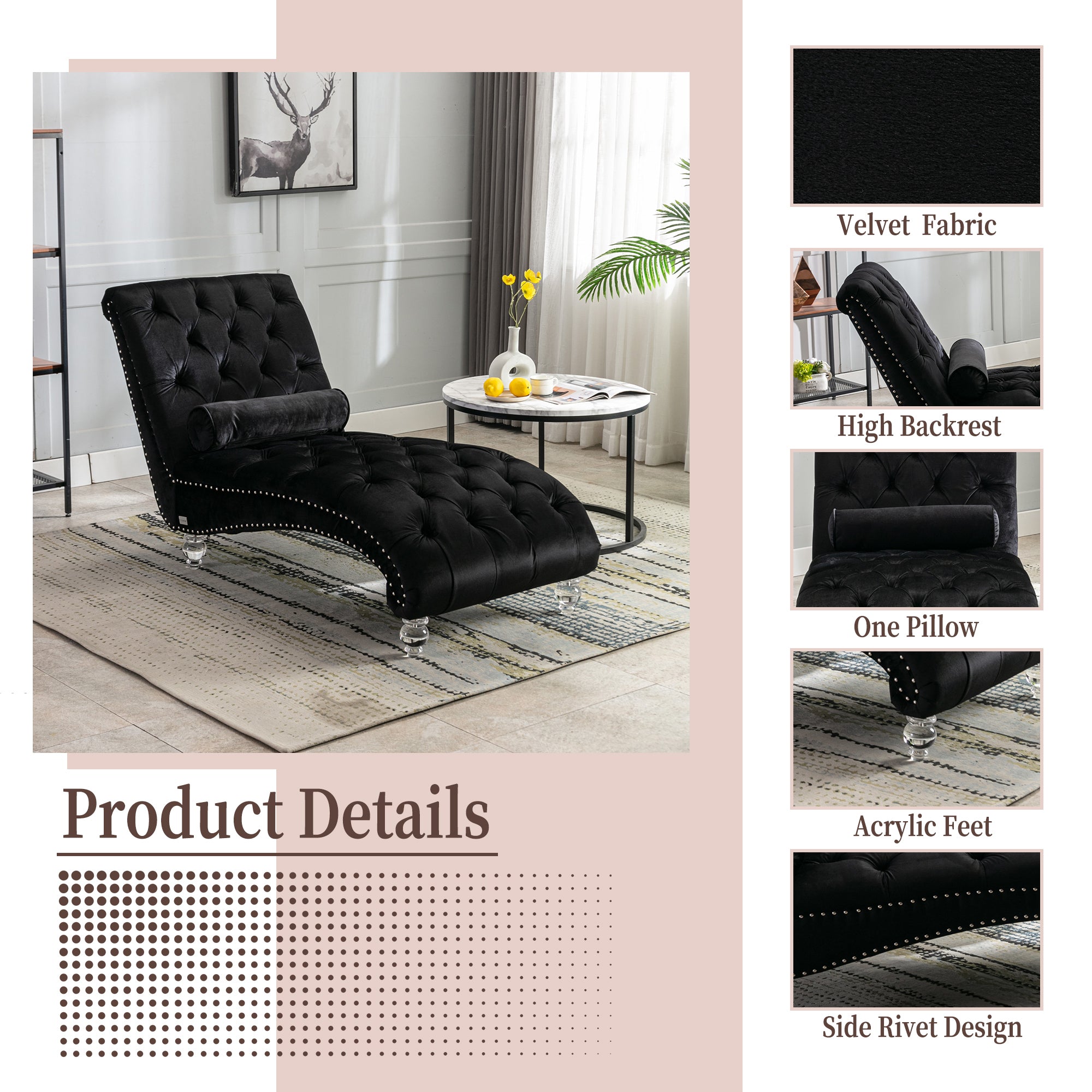 Velvet Chaise Lounge Indoor, Button-Tufted Upholstered Chair with Pillow, Black Velvet, 63.38x28.94x34.05 inches - Grand Goldman Shop