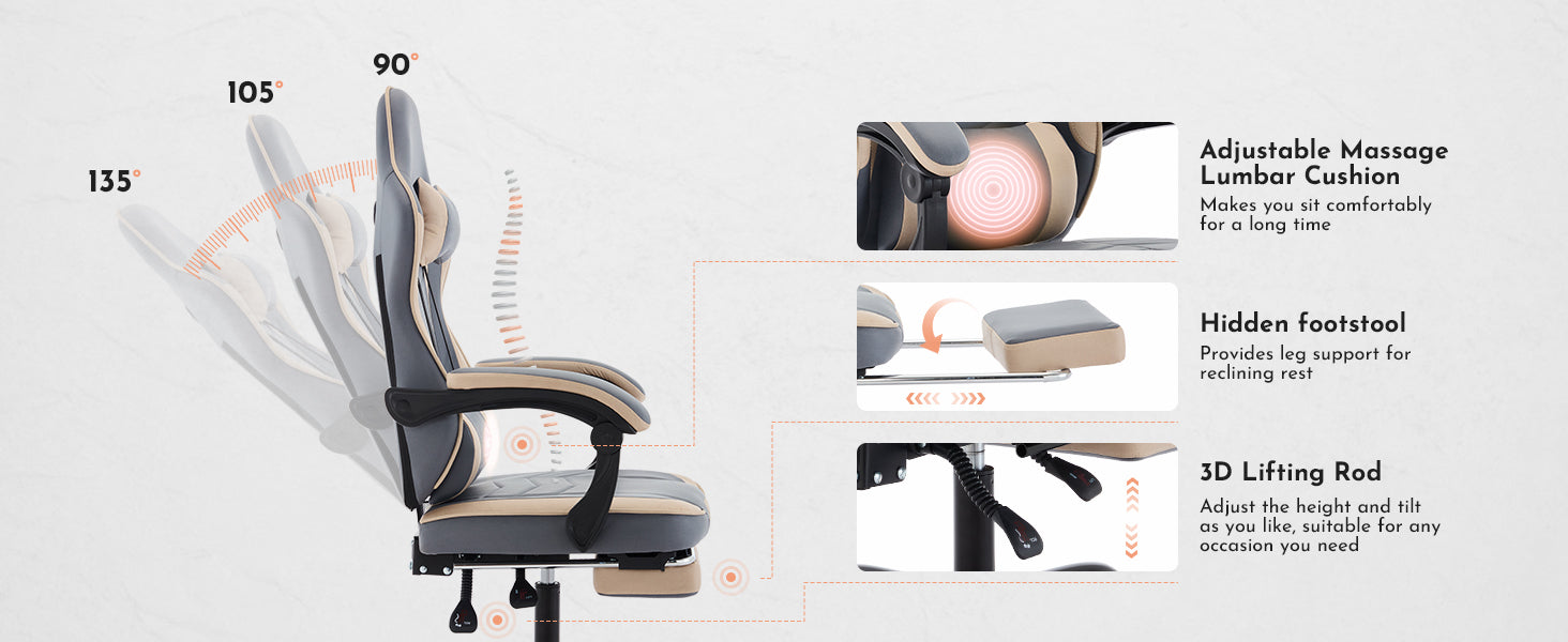 Gaming Chair, Ergonomic Computer Chair with Footrest and Massage Lumbar Support, Height Adjustable Swivel Video Game Chair fo