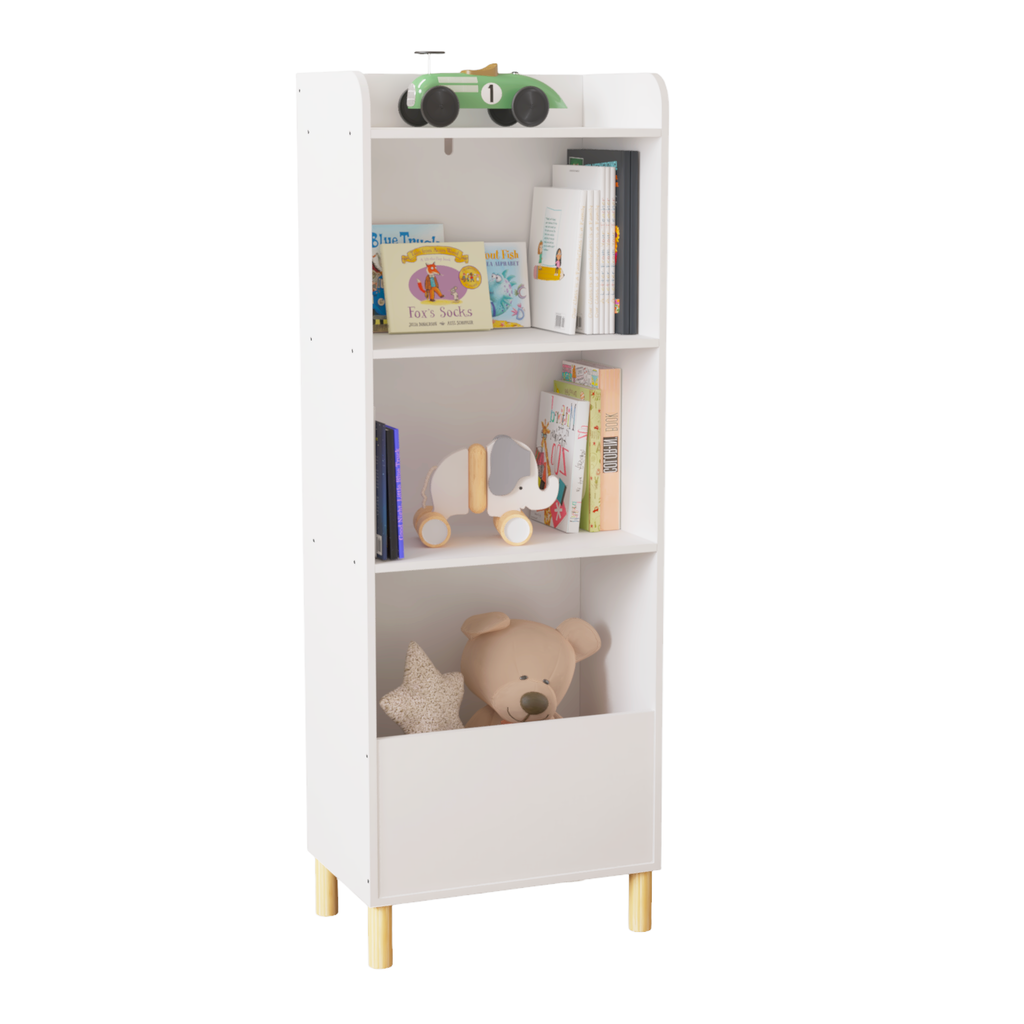 Kids 4-Tier Bookcase, Children's Book Display with Safety Restraint, White MDF & Pine Wood Storage Cabinet for Nursery, Playr