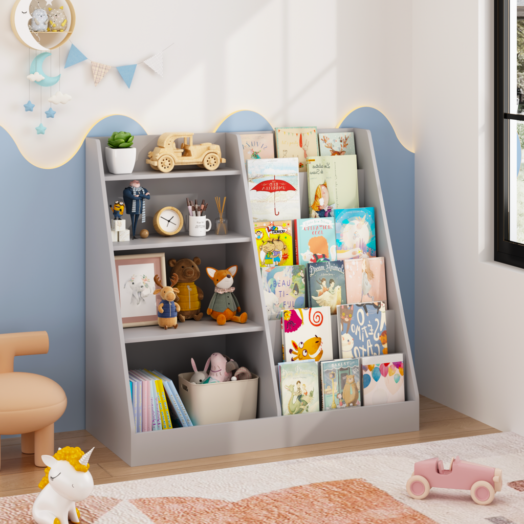 Kids Bookshelf and Toy Storage Organizer, Multifunctional 4 Tier Wooden Kids Book Shelf with  Bookcase Display Stand in Kids 