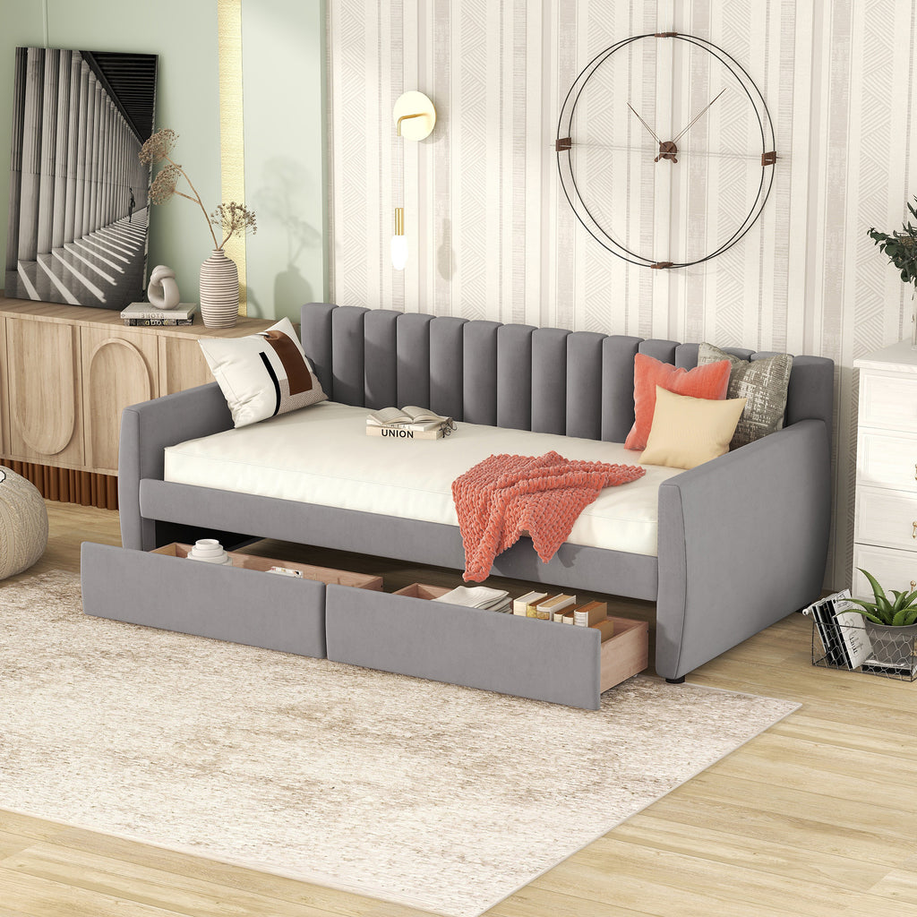 Twin Size Upholstered daybed with Drawers, Wood Slat Support, Gray - Grand Goldman Shop