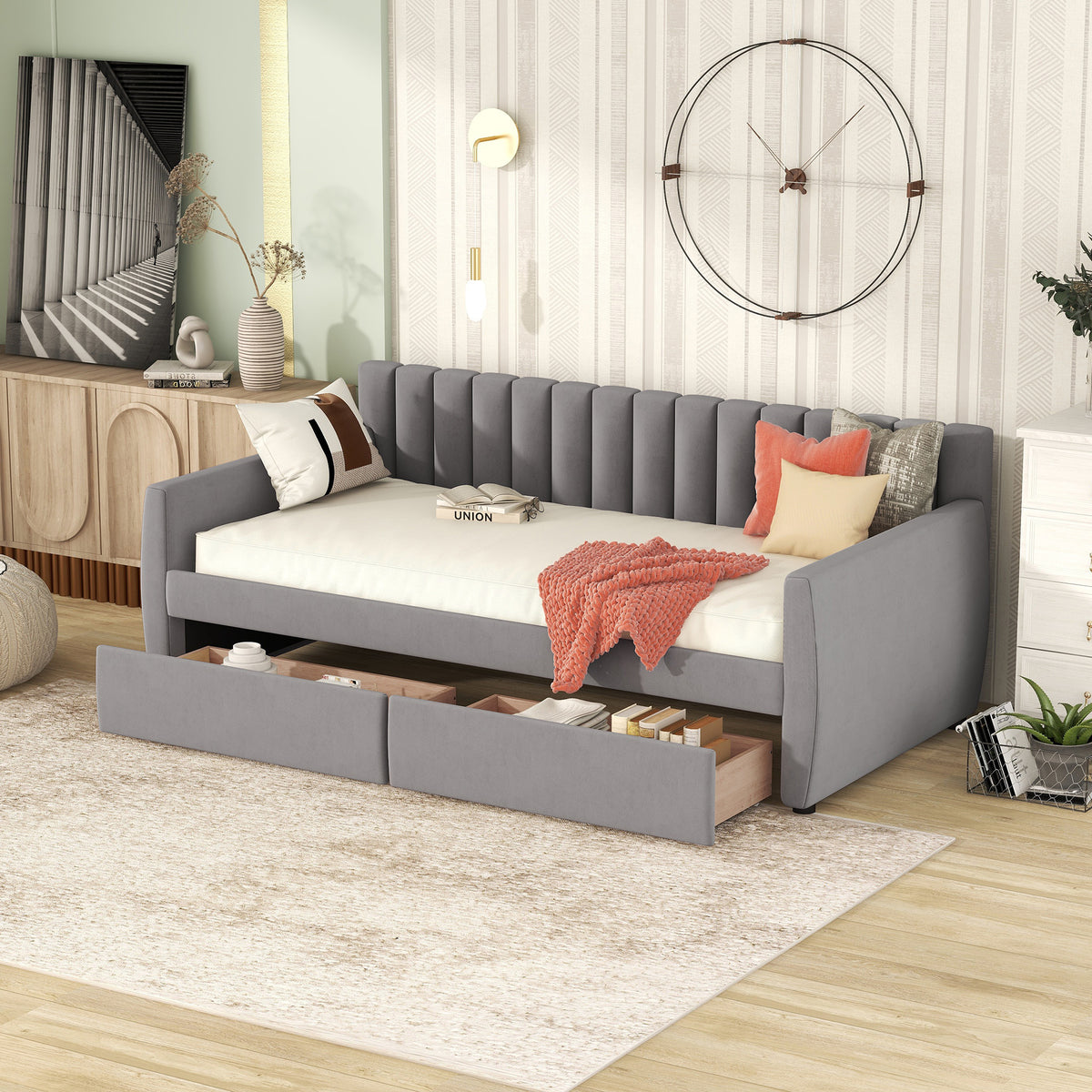 Twin Size Upholstered daybed with Drawers, Wood Slat Support, Gray - Grand Goldman Shop