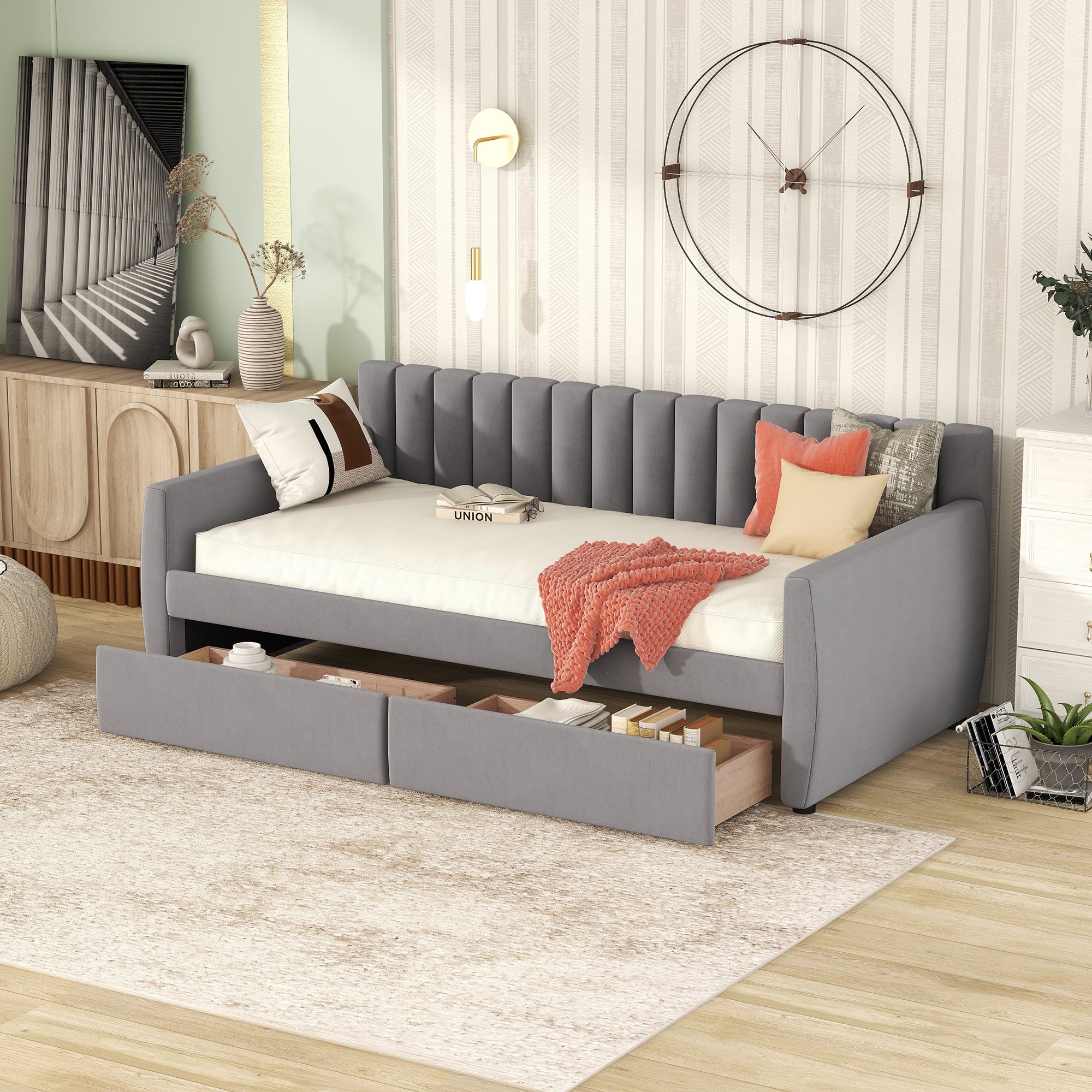 Twin Size Upholstered daybed with Drawers, Wood Slat Support, Gray - Grand Goldman Shop