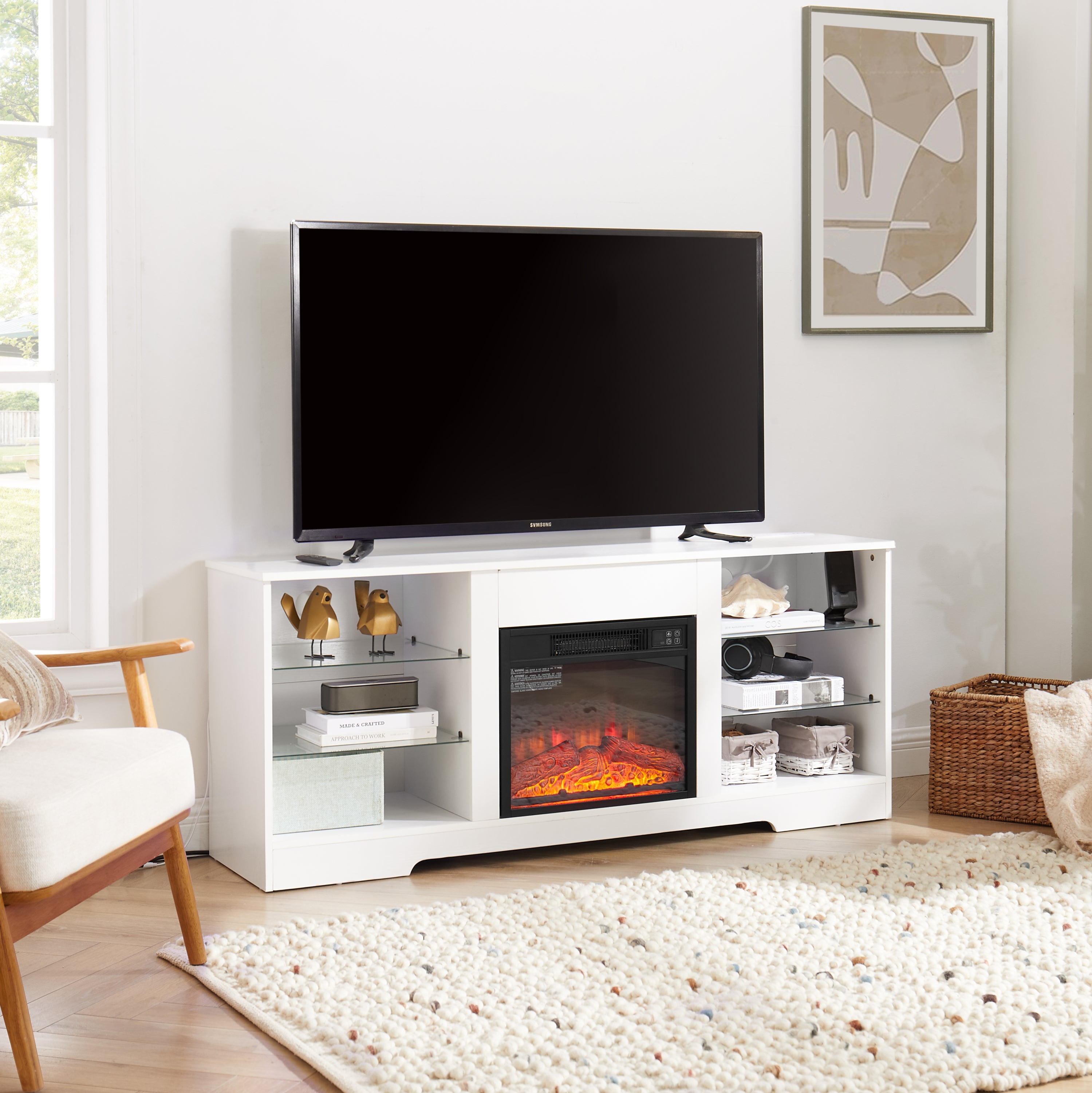 TV Stand Electric Fireplace TV Stand with Glass Shelves, 3D Fireplace TV Stand with LED Lights Wood with USB Charging Outlet Modern Television Table Center for TV up to 32-62' White 58''W*15.4''D*24.6 - Grand Goldman Shop