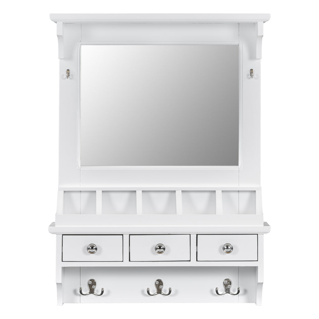 Floating Makeup Vanity with Big Mirror, Wall-Mounted Storage Vanity with Drawers, Pockets & Hooks, Space-Saving Decorative Home Organizer, White, Engineered Wood, 23.8 x 6.1 x 31.8 inches - Grand Goldman Shop