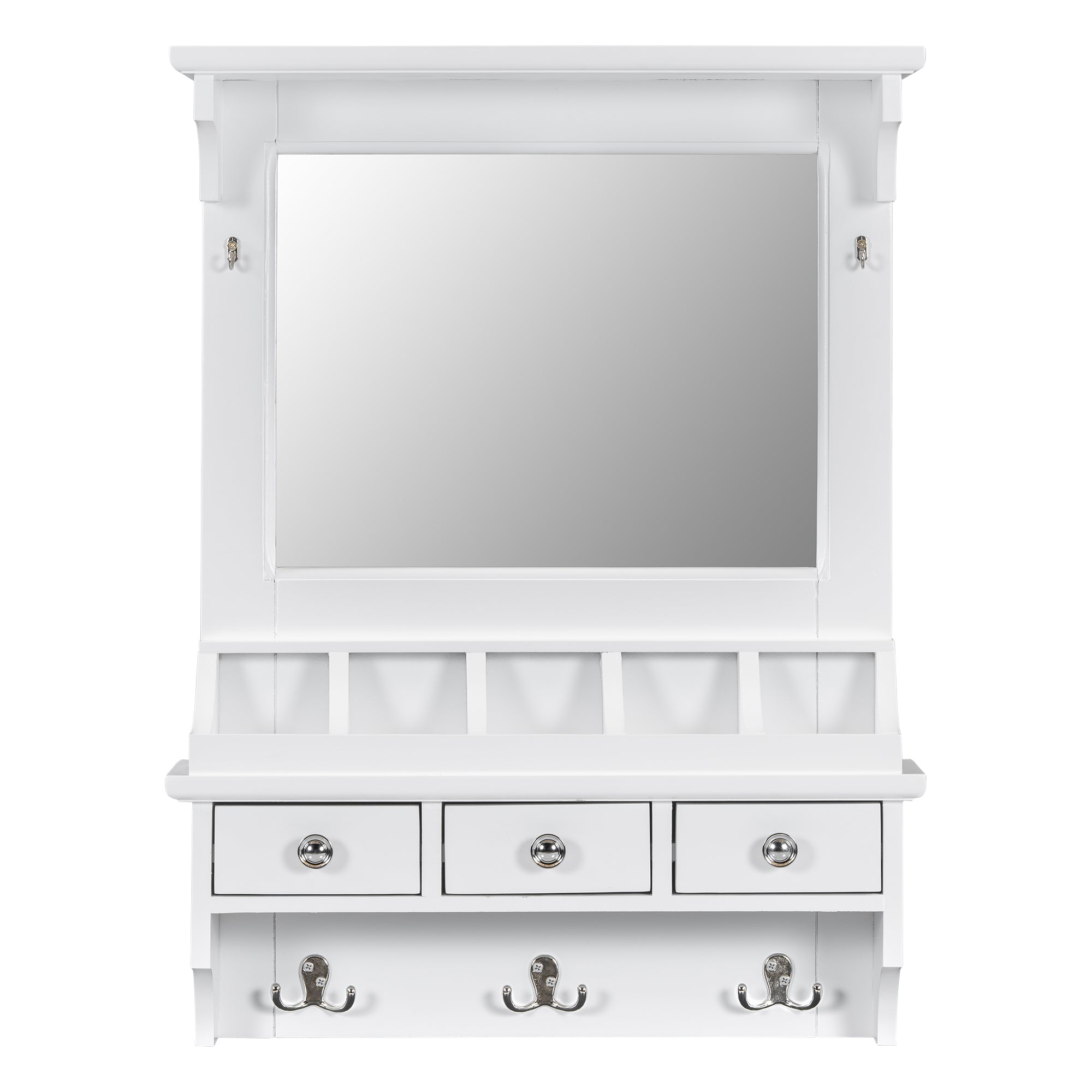 Floating Makeup Vanity with Big Mirror, Wall-Mounted Storage Vanity with Drawers, Pockets & Hooks, Space-Saving Decorative Home Organizer, White, Engineered Wood, 23.8 x 6.1 x 31.8 inches - Grand Goldman Shop