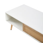 41.34' Rattan Coffee Table, Sliding Door for Storage, Solid Wood Legs, Modern Table for Living Room-White - Grand Goldman Shop