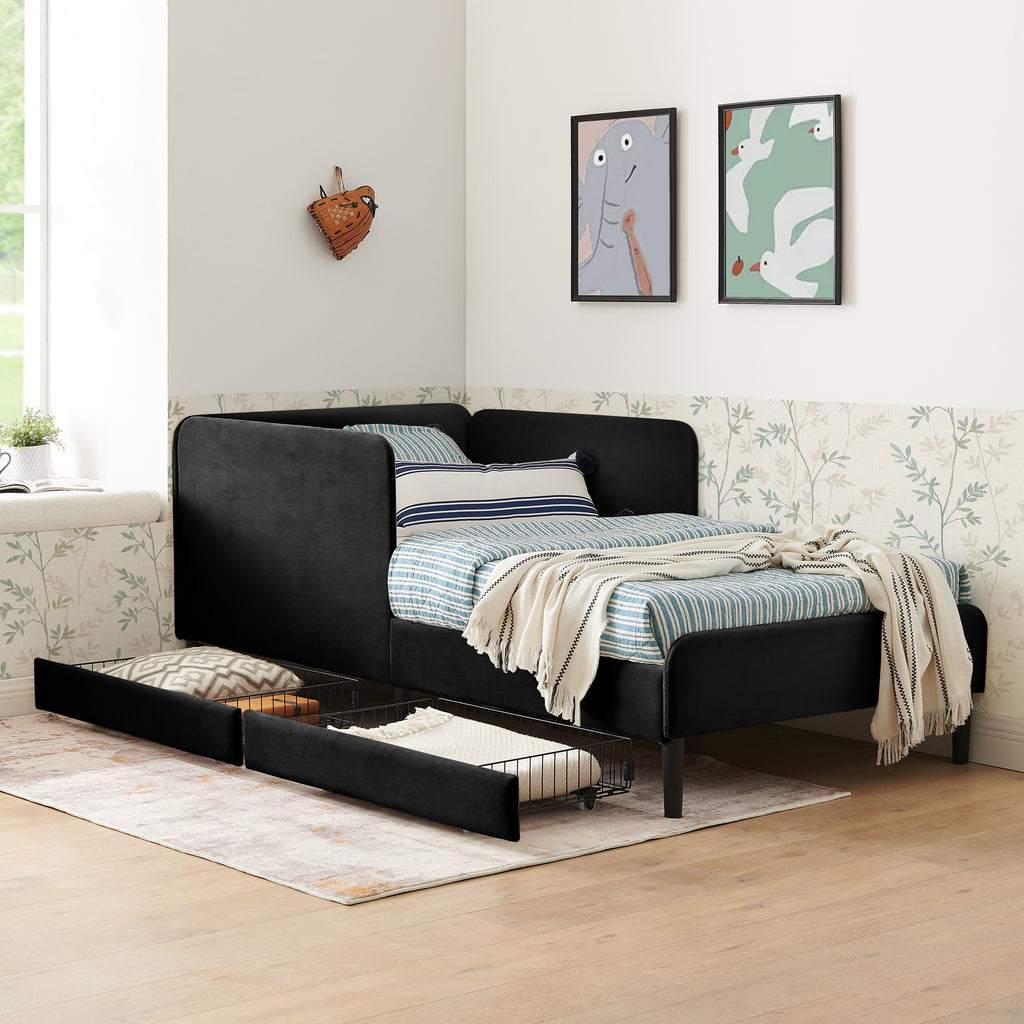 Black Velvet Twin Upholstered Platform Bed Frame with 2 Storage Drawers and Adjustable Sofa Bed - Grand Goldman Shop