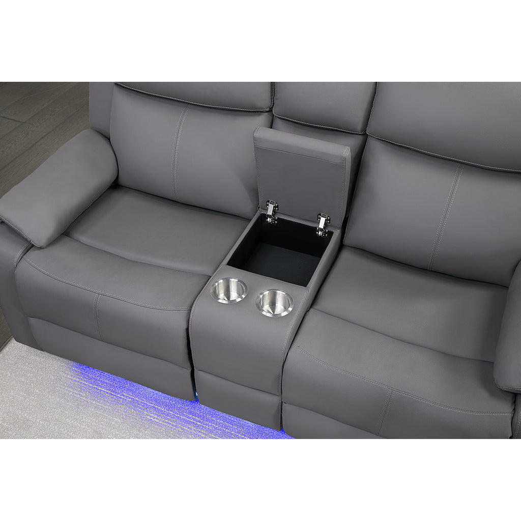 Blanche Grey 2PC Reclining Sofa and Loveseat with LED Lights and Speakers in Grey Upholstered Fabric, Medium Firm Seating, Includes Console Storage and Integrated Speakers - Grand Goldman Shop