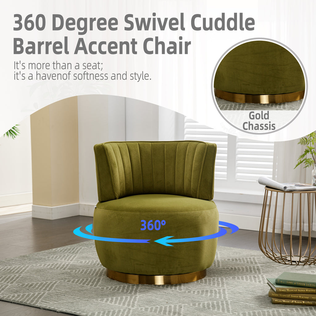 Swivel Barrel Chair, Round Armchairs with Wide Upholstered, Fluffy Velvet Fabric, Olive, 25.20'' x 25.59'' x 26.38'' - Grand Goldman Shop