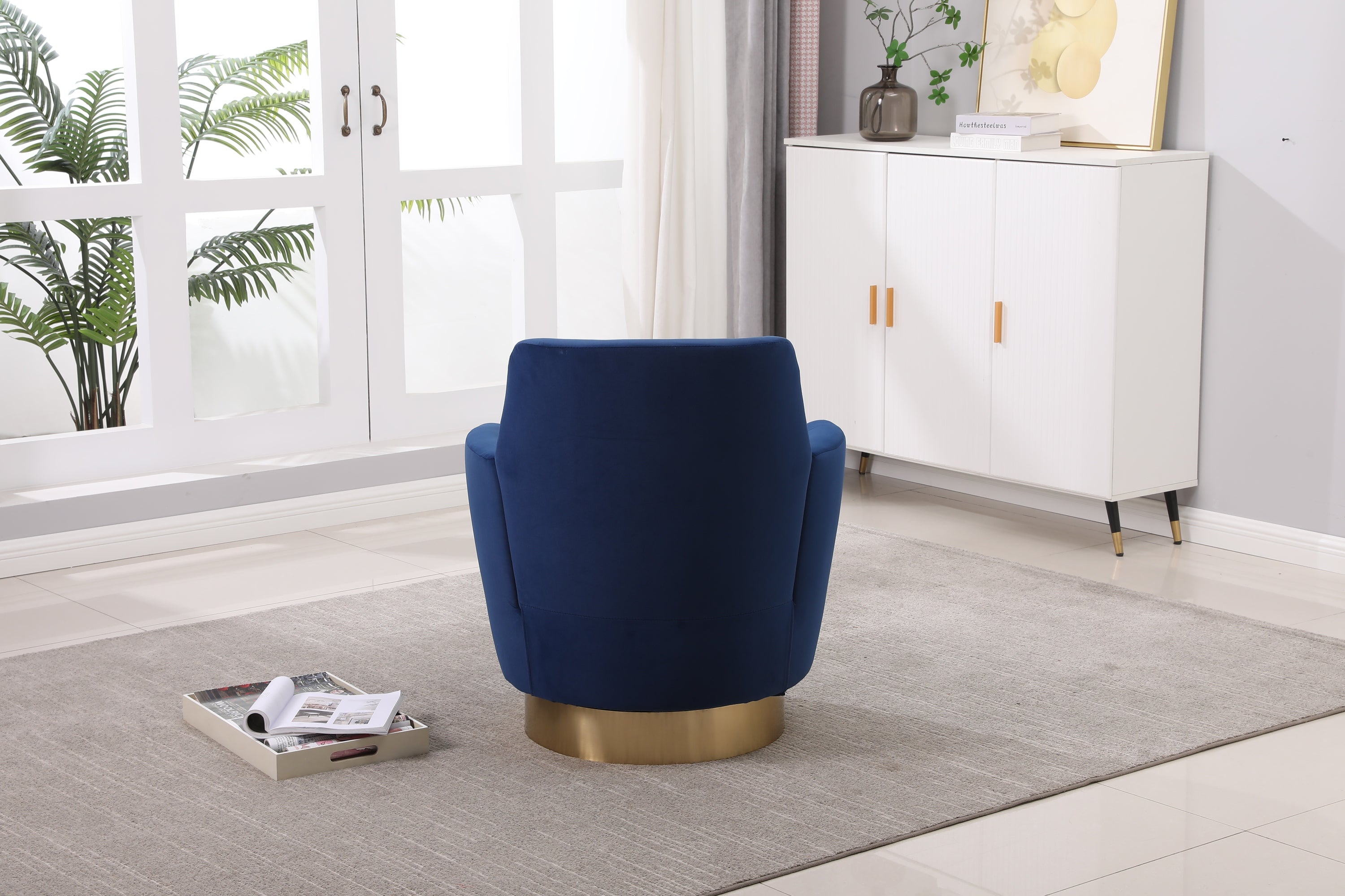 Velvet Swivel Barrel Chair, Swivel Accent Chairs Armchair for Living Room, Reading Chairs for Bedroom Comfy, Round Barrel Chairs with Gold Stainless Steel Base (Navy) - Grand Goldman Shop