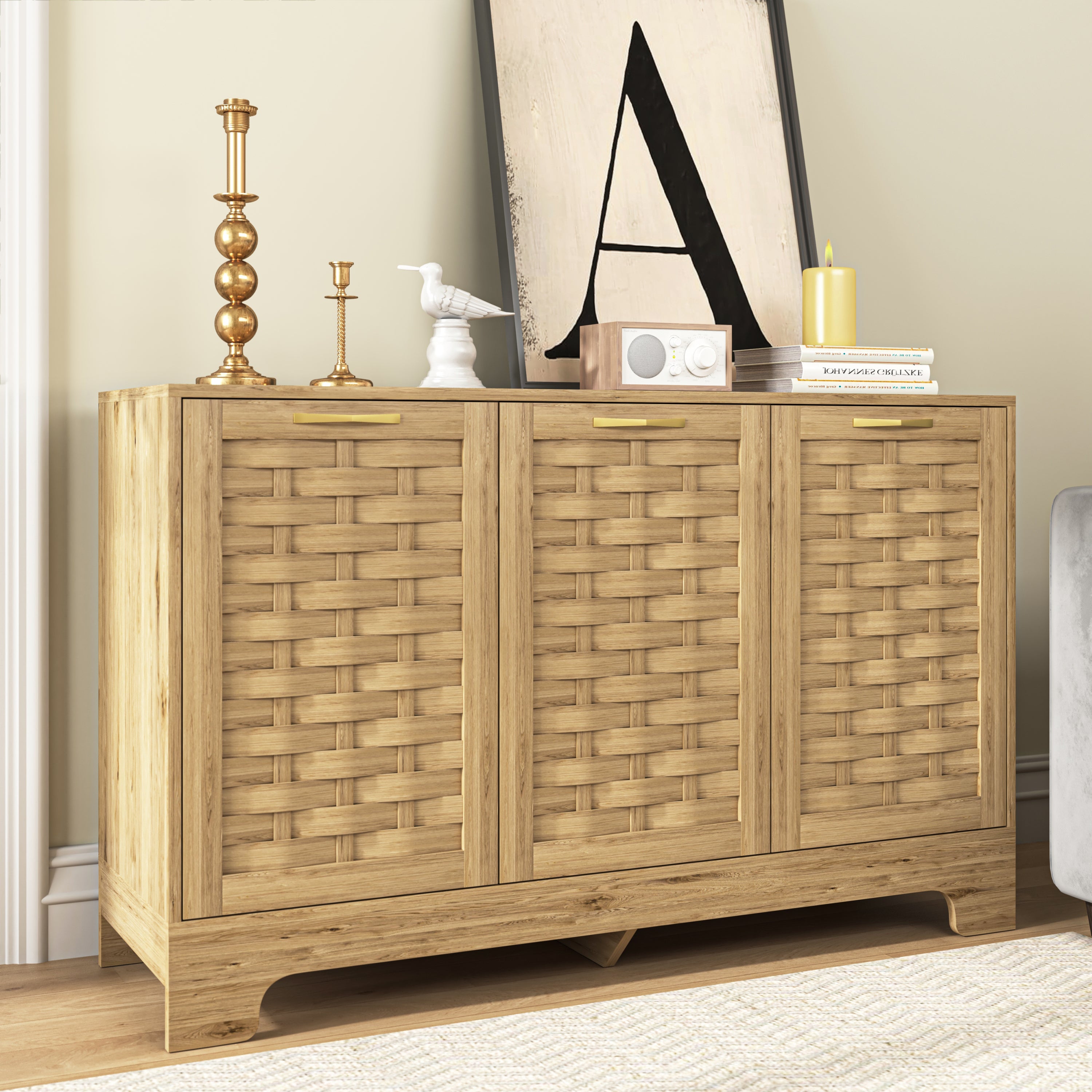 Storage Cabinet with 3 Doors, Wood Sideboard Buffet Storage with Adjustable Shelf, Anti-tip Kit Accent Cabinet for Living Room, Hallway, Entryway, Dining Room, Bedroom - Grand Goldman Shop