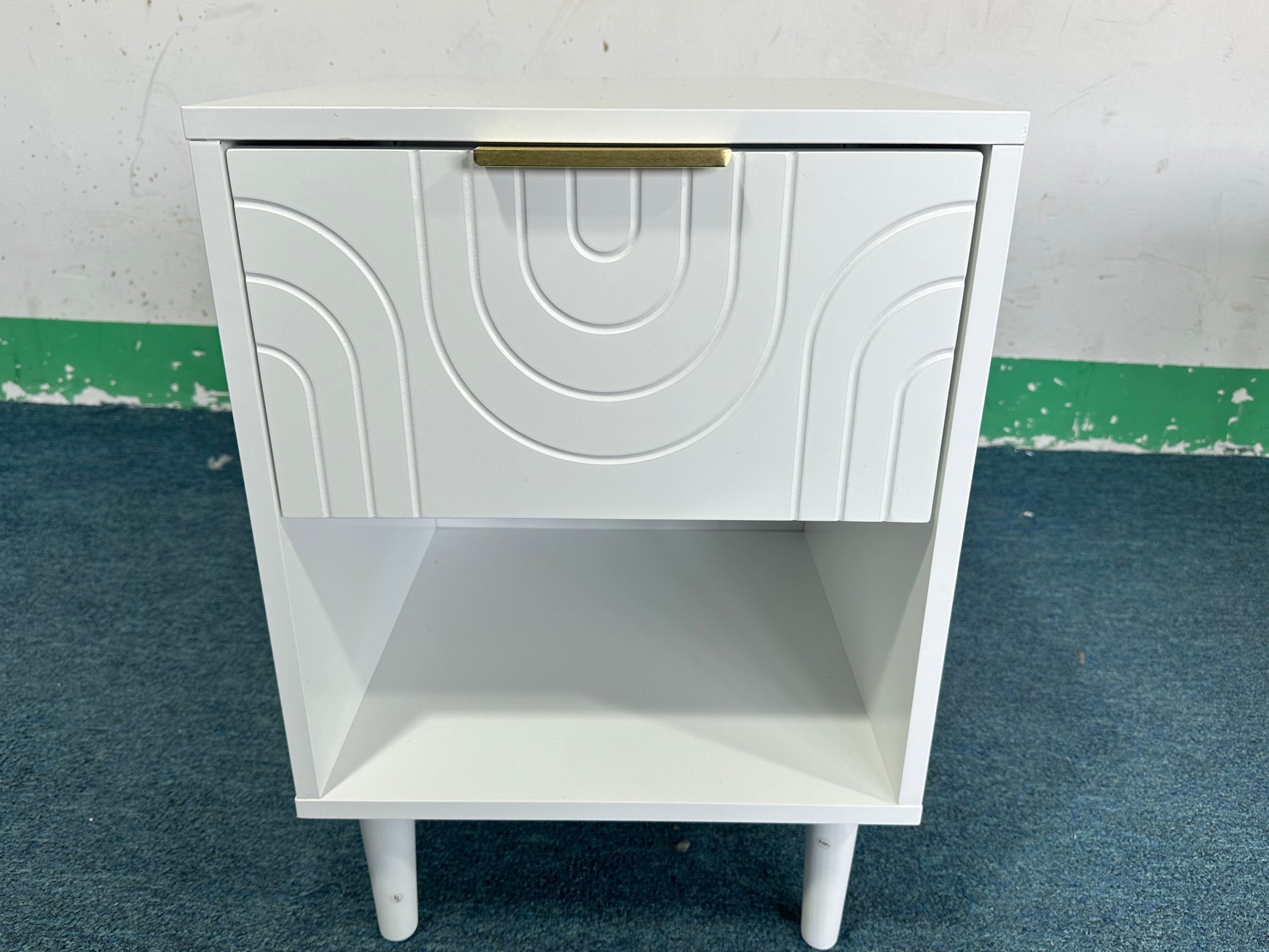 Modern White Nightstand with One Drawer and Open Shelf, Gold-Accented Handle, 22.83'' H, MDF, White - Grand Goldman Shop