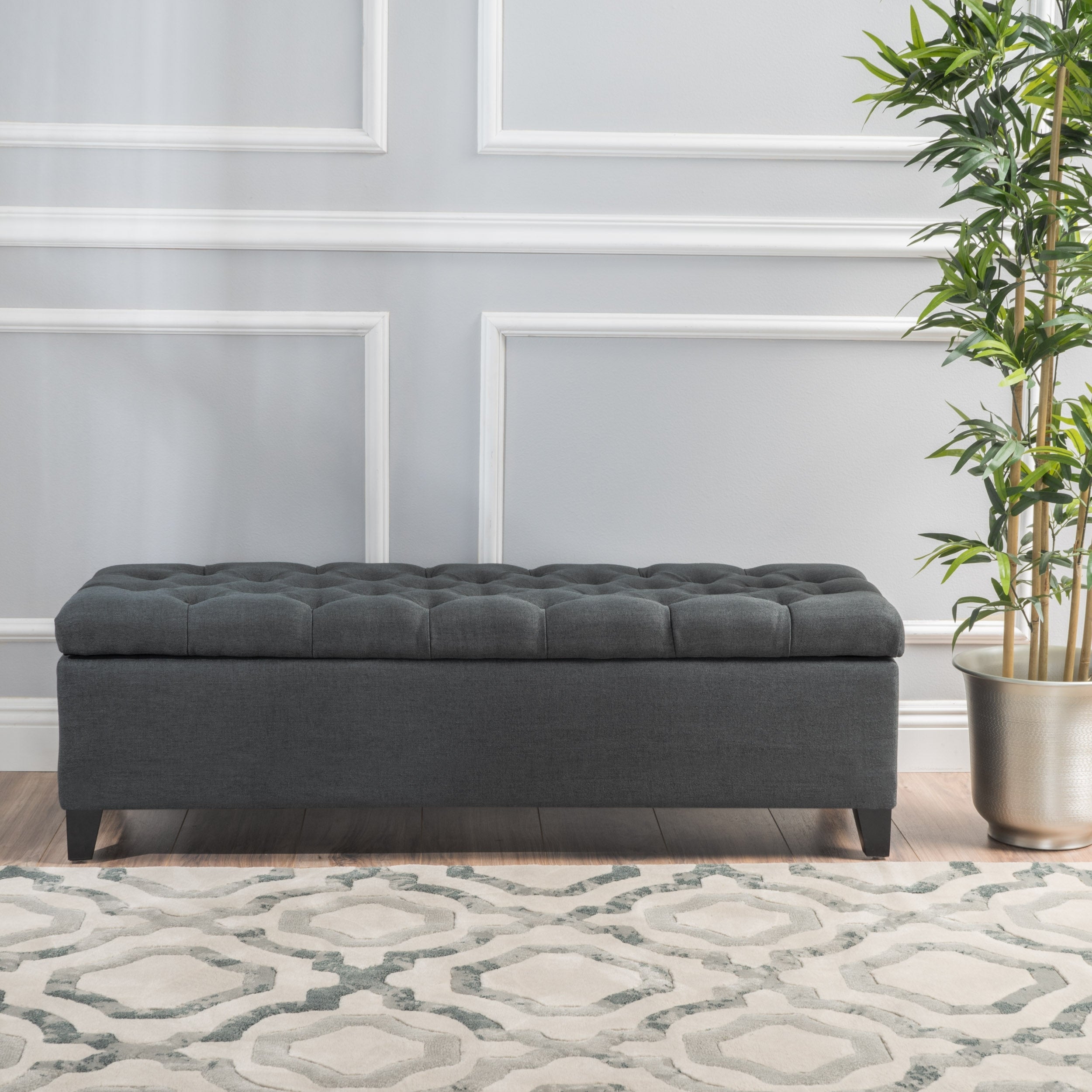 Glouster Contemporary Storage Ottoman V2 with Button-Tufted Diamond Stitching in Dark Gray Fabric - Grand Goldman Shop