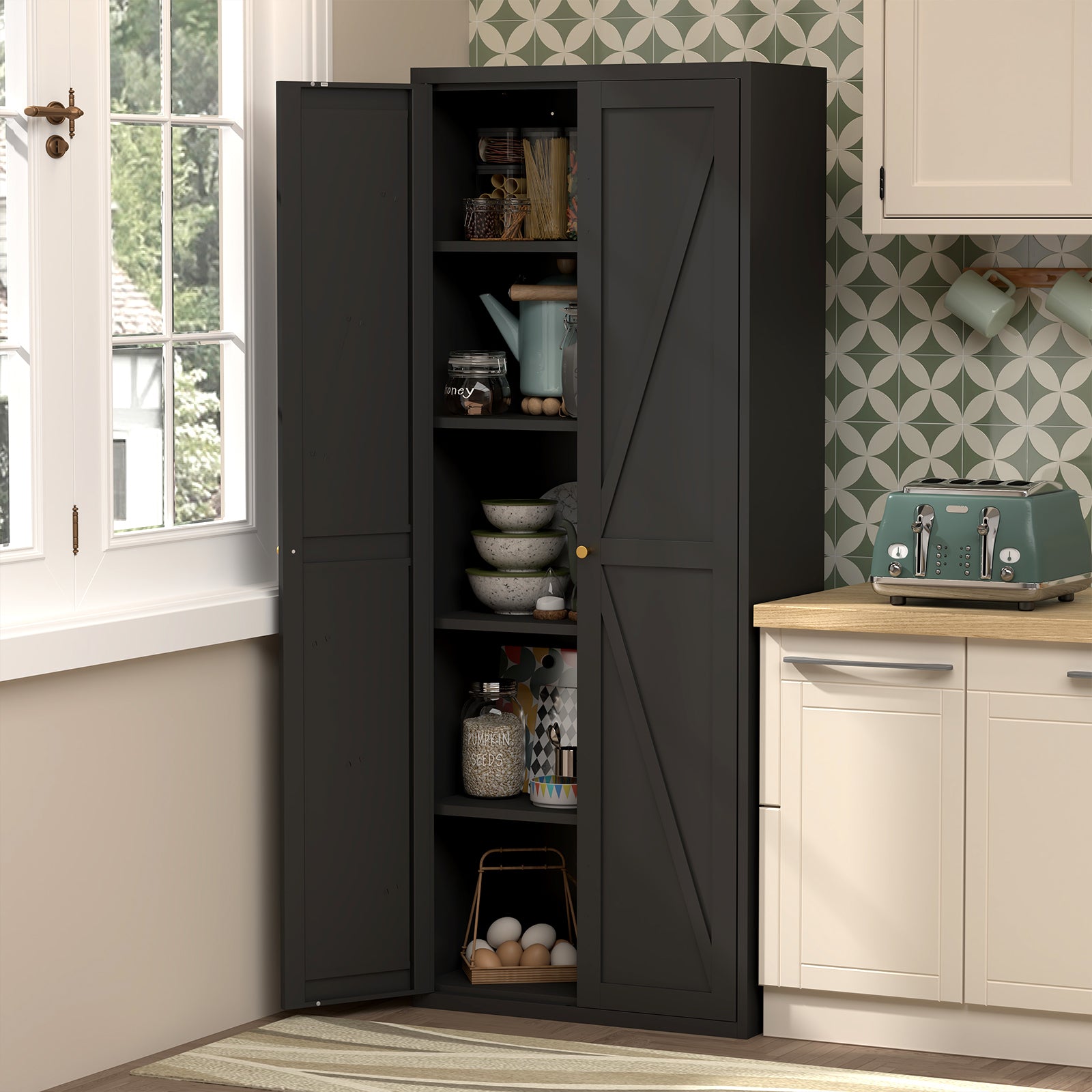 Black Metal Kitchen Pantry Cabinet with Adjustable Shelves and Gold Handles, Tall Steel Storage Locker for Kitchen, Living Ro