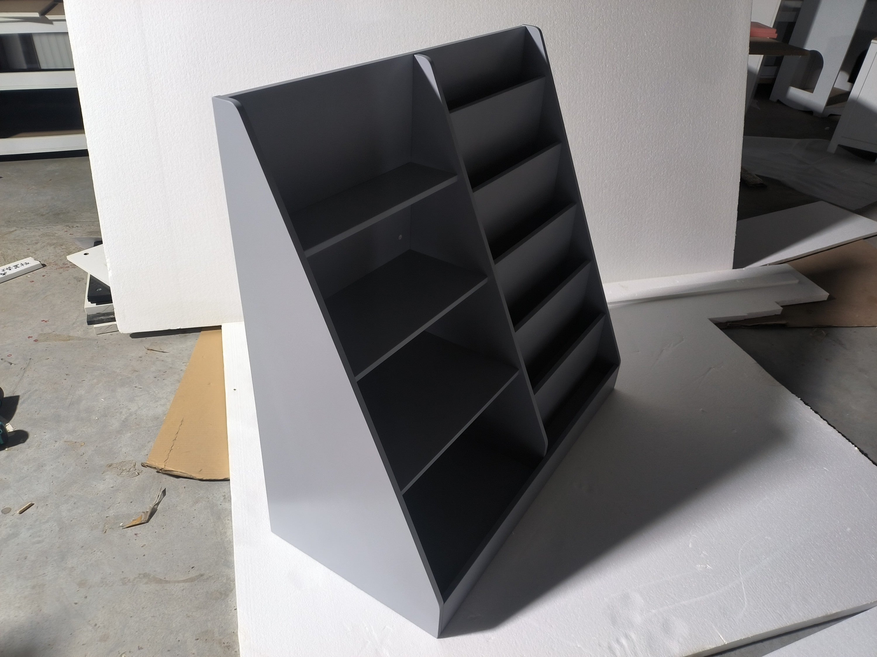 Kids Bookshelf and Toy Storage Organizer, 4-Tier Wooden Bookcase with Display Stand in Gray MDF for Nursery, Playroom, or Chi
