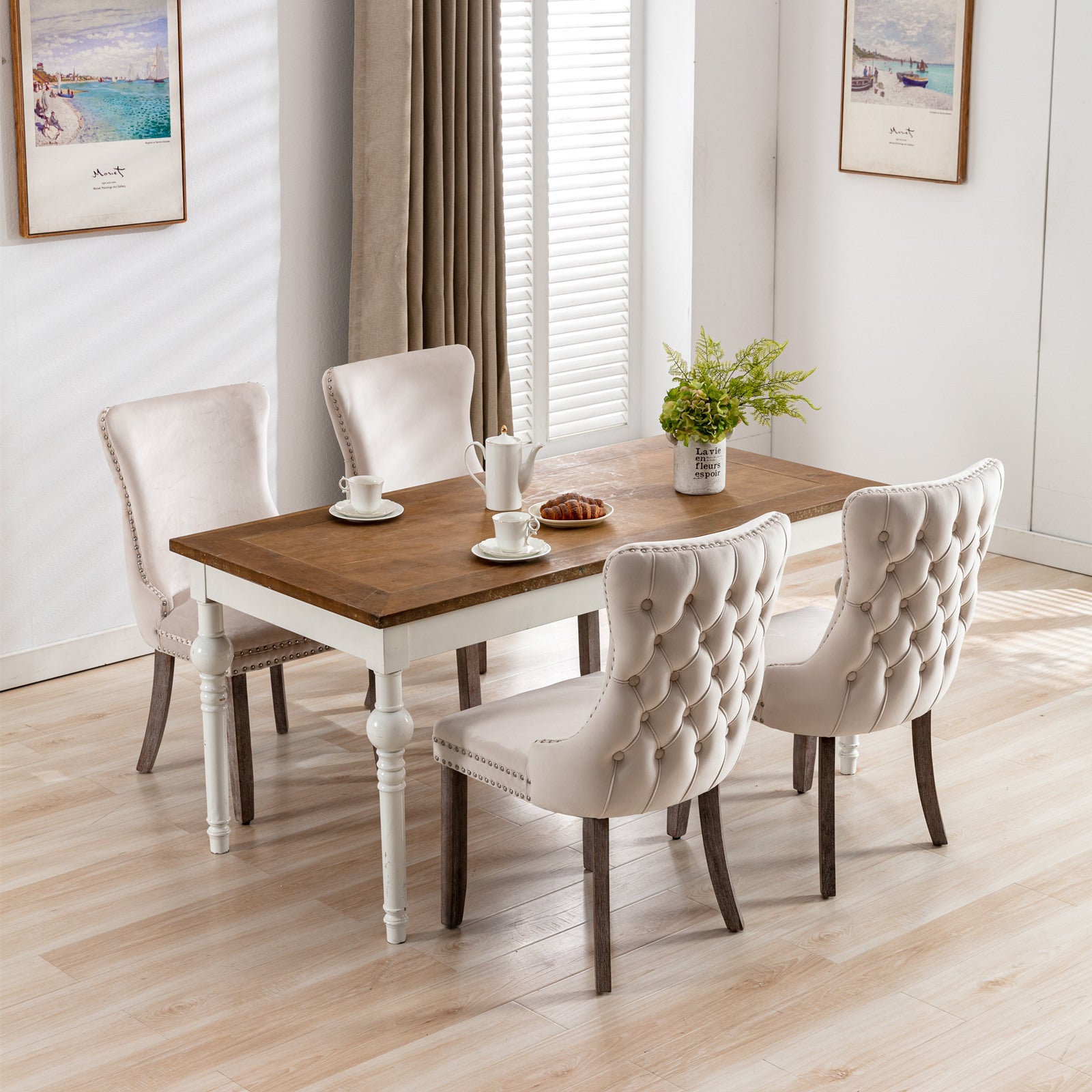A&A Furniture,Upholstered Wing-Back Dining Chair with Backstitching Nailhead Trim and Solid Wood Legs,Set of 2, Beige,SW8809BG,KD - Grand Goldman Shop