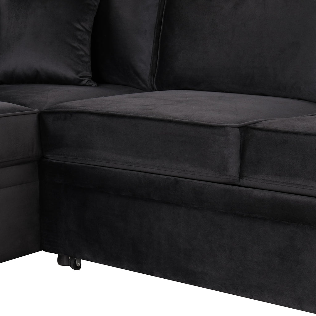 Modern Velvet Sleeper Sofa Bed with Storage Ottoman, Black, 84.75' L Shape - Grand Goldman Shop