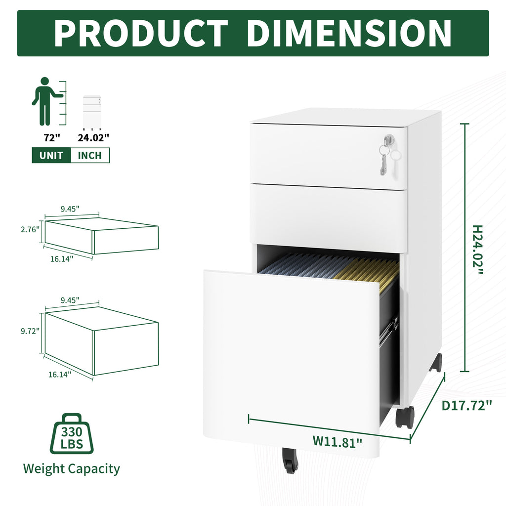 3-Drawer Mobile File Cabinet with Lock, All-Steel Metal Storage on Wheels, Two Shallow & One Deep Drawer for Office/Home, Ful