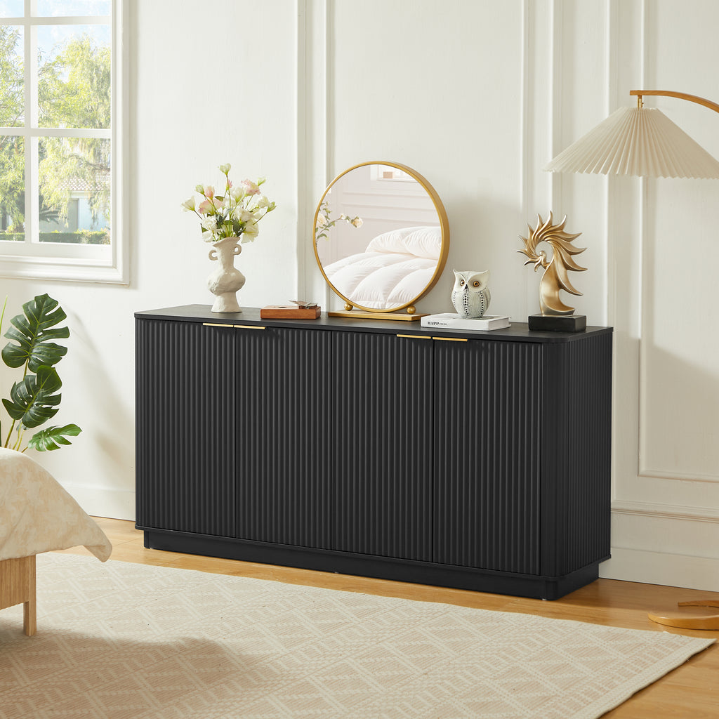 63' Vertical Stripe Buffet Cabinet Sideboard with stoarge, Curved wave Design, TV Stand, for Bedroom, Living Room, Hallway, Black,63''W x 15.75''D x 31.5''H. - Grand Goldman Shop
