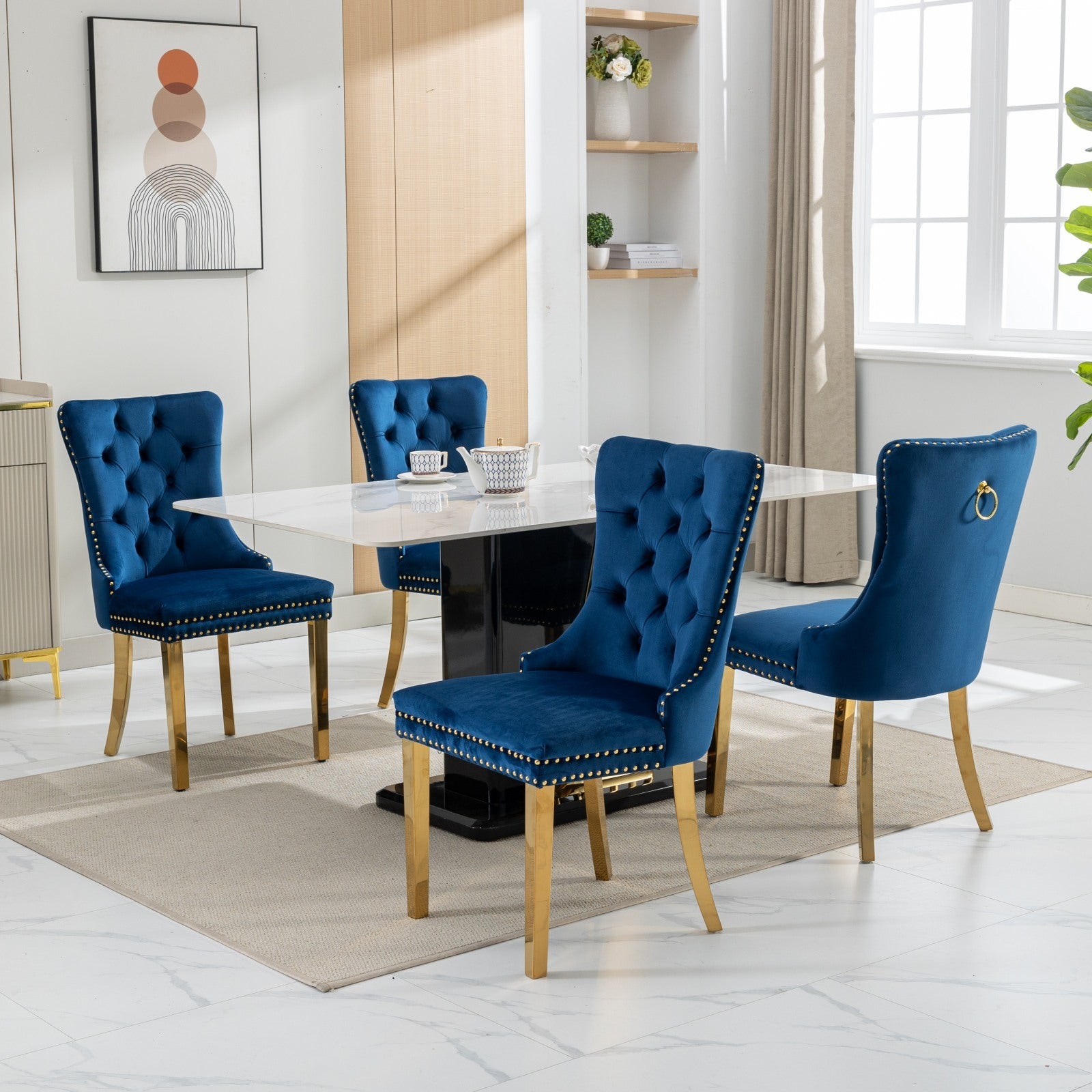 A&A Furniture,Nikki Collection Modern, High-end Tufted Solid Wood Contemporary Velvet Upholstered Dining Chair with Golden Stainless Steel Plating Legs,Nailhead Trim,Set of 2,Blue and Gold, SW1601BL - Grand Goldman Shop