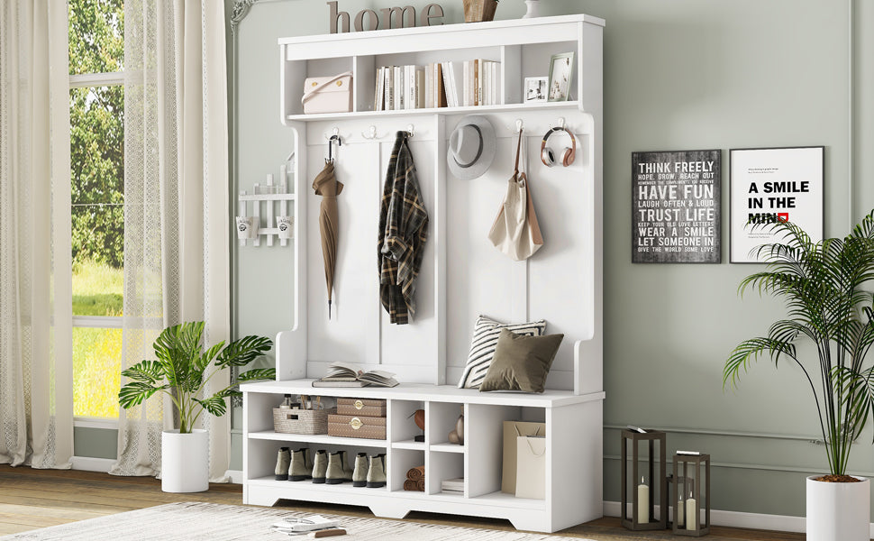 Modern Hallway Hall Tree with Metal Hooks and Storage Space, Multi-Functional Entryway Coat Rack with Shoe Cubbies, White - Grand Goldman Shop