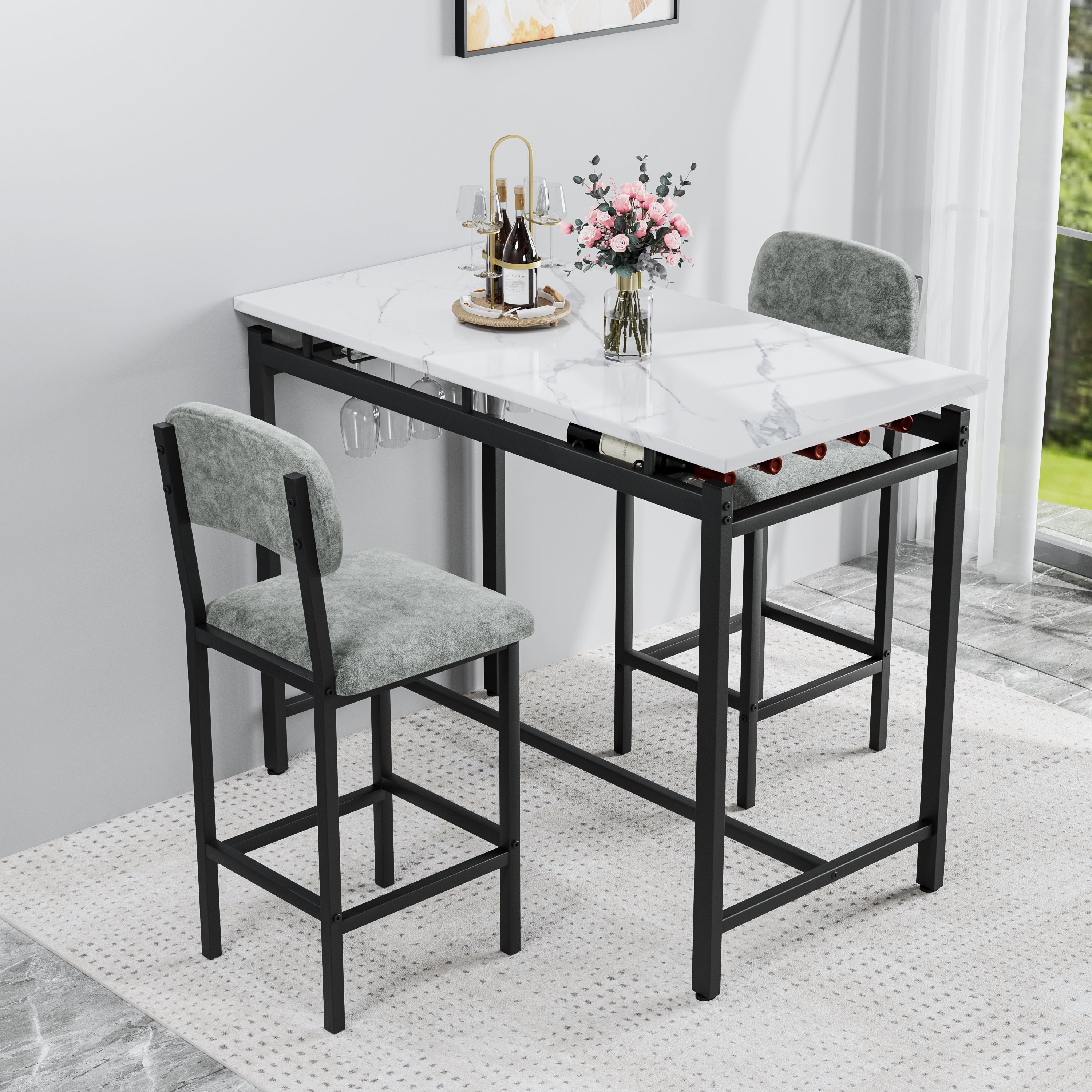 Modern Dining Table and Chairs for 2, Marble Finishes Dining Table Set with 2 Upholstered Chairs, Kitchen Table Set Bar Pub Set for Breakfast Nook, Dining Room, Rustic Black, Grey Chair - Grand Goldman Shop