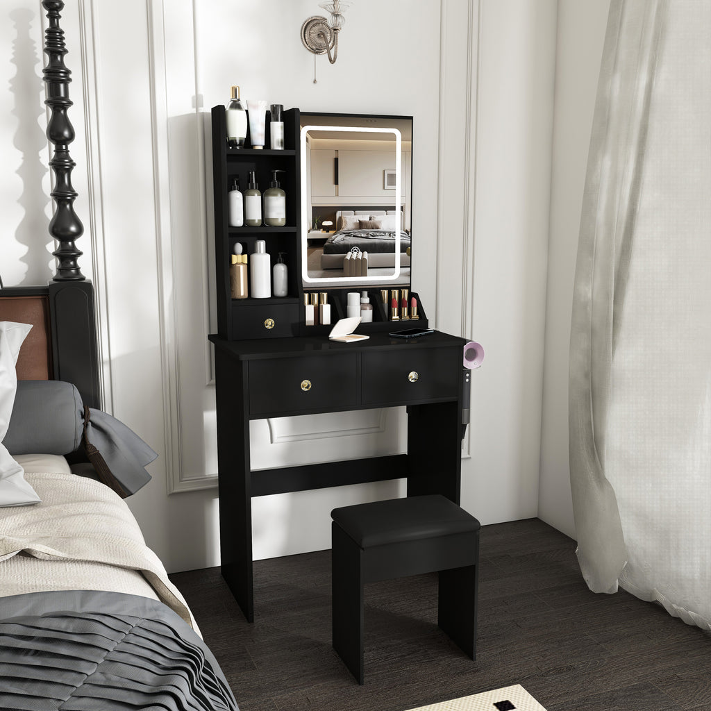 Modern Small Vanity Desk with 3 LED Lighting Modes, 3 Drawers, Open Shelves, Hair Dryer Holder, Power Socket, and Dressing Chair in Black MDF - Grand Goldman Shop