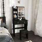 Modern Small Vanity Desk with 3 LED Lighting Modes, 3 Drawers, Open Shelves, Hair Dryer Holder, Power Socket, and Dressing Chair in Black MDF - Grand Goldman Shop