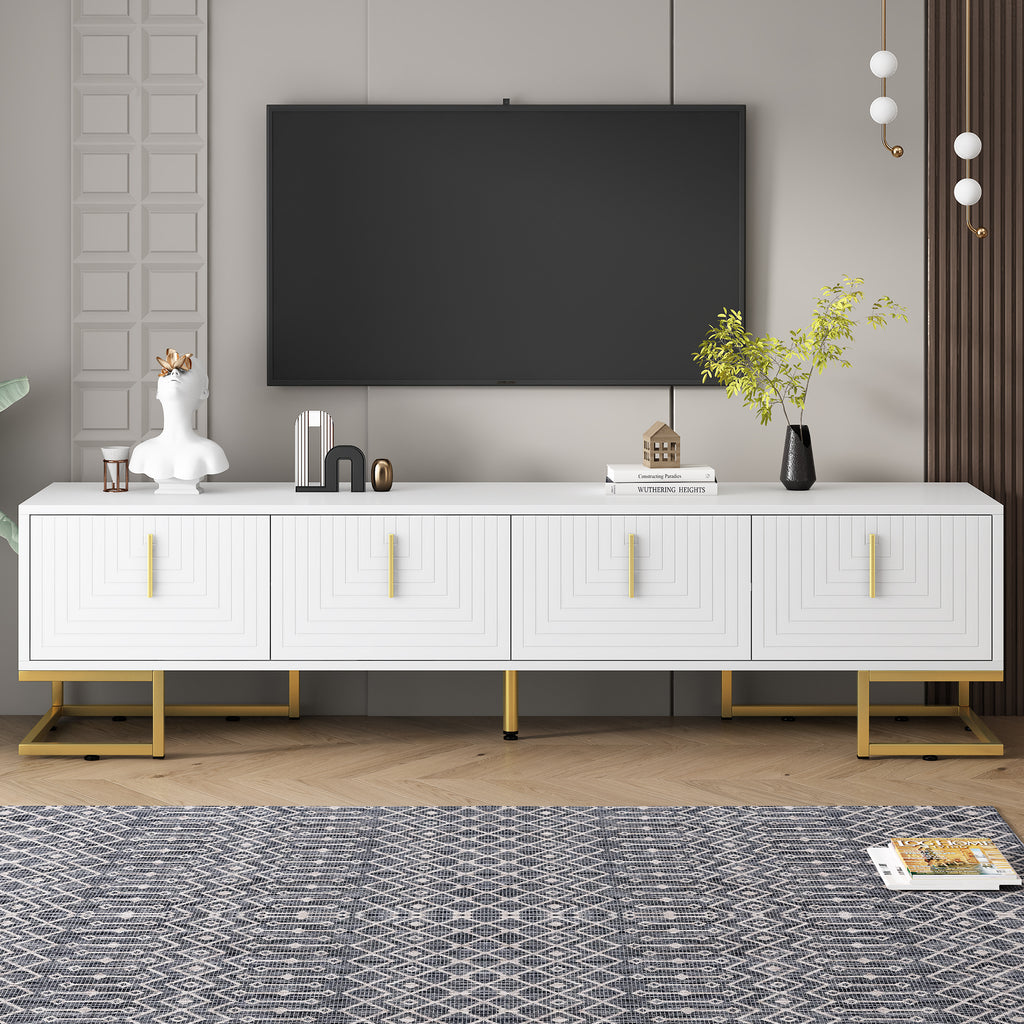 ON-TREND Modern TV Stand with Metal Legs and Gold Handles for TVs Up to 80'', Media Console Table with Cabinets and Adjustable Shelves, Luxury TV Cabinet with Geometric Lines for Living Room, White - Grand Goldman Shop