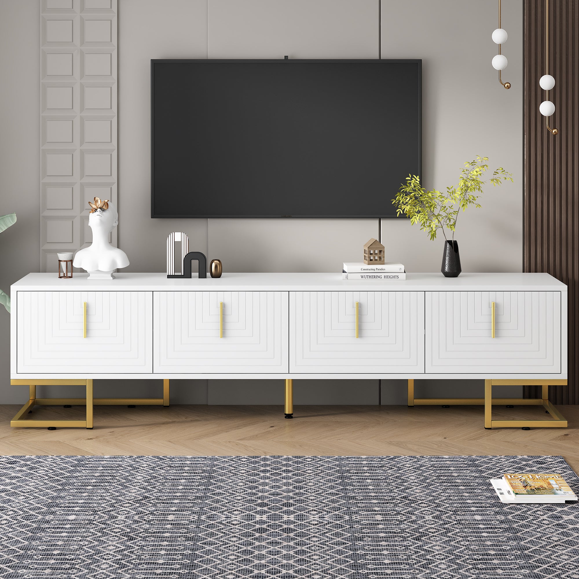 ON-TREND Modern TV Stand with Metal Legs and Gold Handles for TVs Up to 80'', Media Console Table with Cabinets and Adjustable Shelves, Luxury TV Cabinet with Geometric Lines for Living Room, White - Grand Goldman Shop