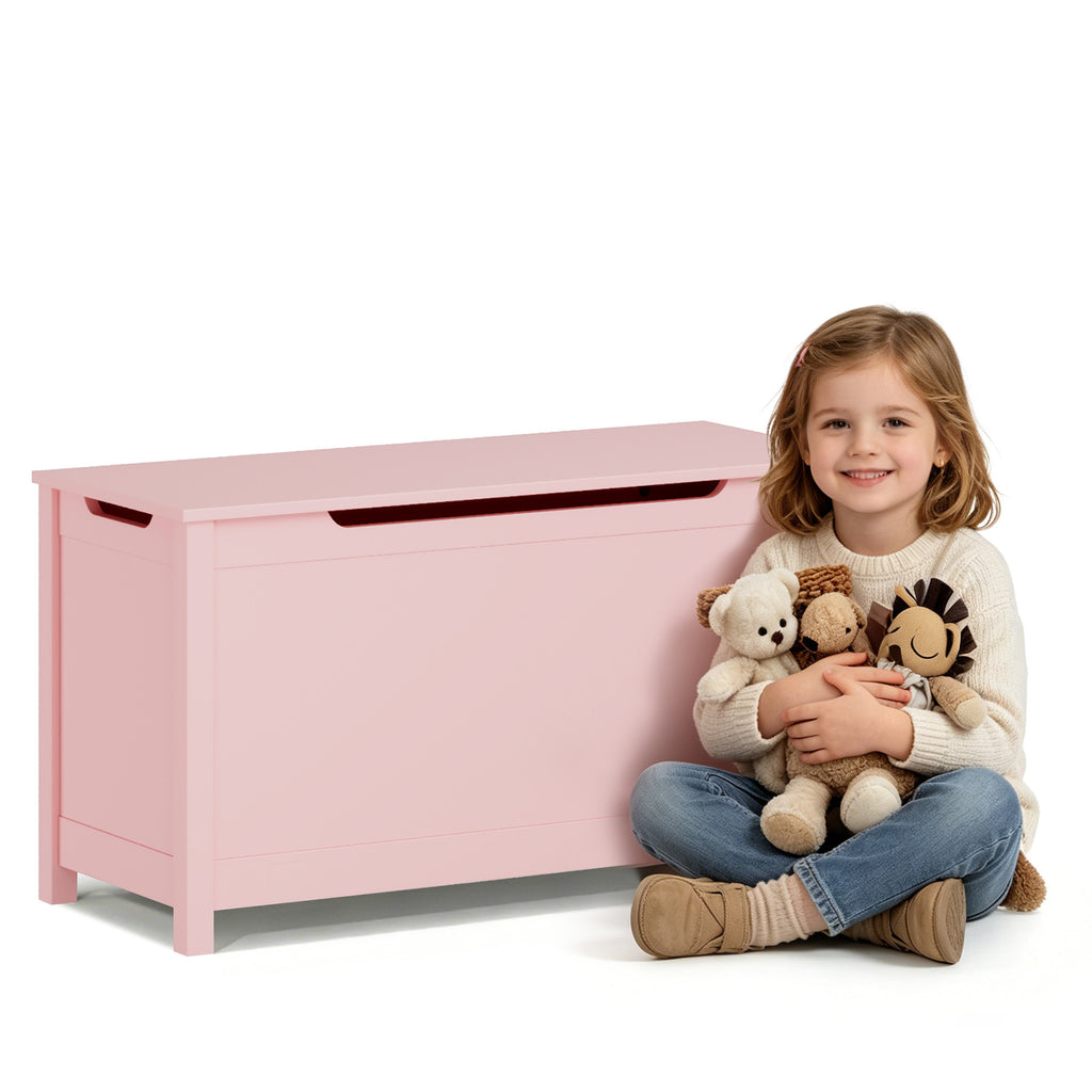 Kids Wooden Toy Box Storage with Safety Hinged Lid for Ages 2+ (Pink) - Grand Goldman