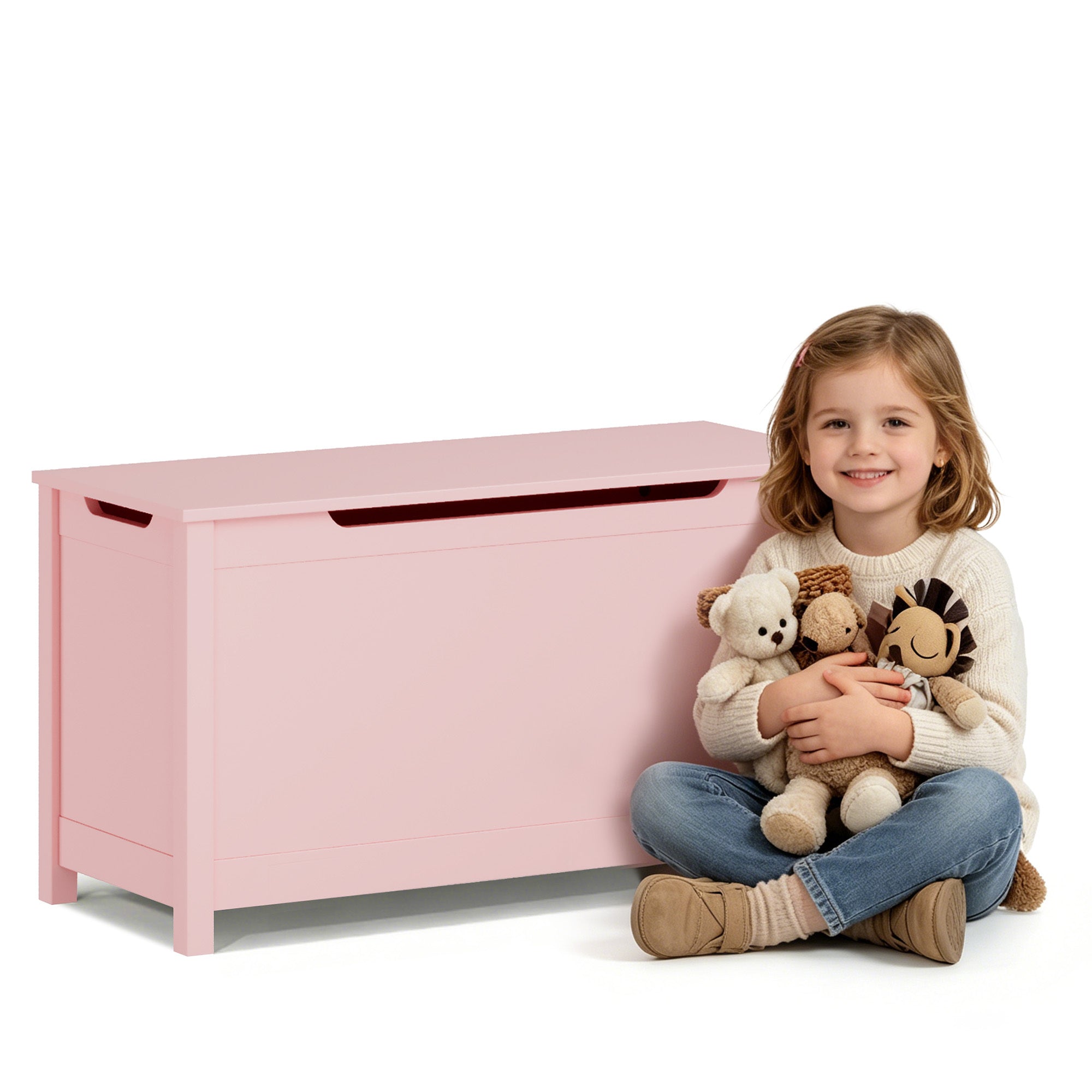 Kids Wooden Toy Box Storage with Safety Hinged Lid for Ages 2+ (Pink) - Grand Goldman
